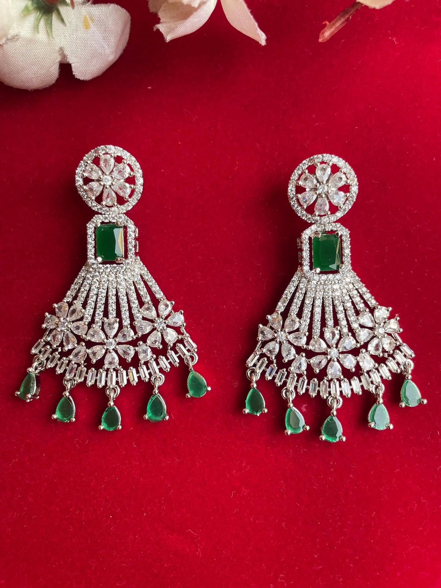 SOFIA high quality Emerald green american diamond earrings Indian Wedding jewellery, bridal,bollywood jewelry, prom, zirconia danglers