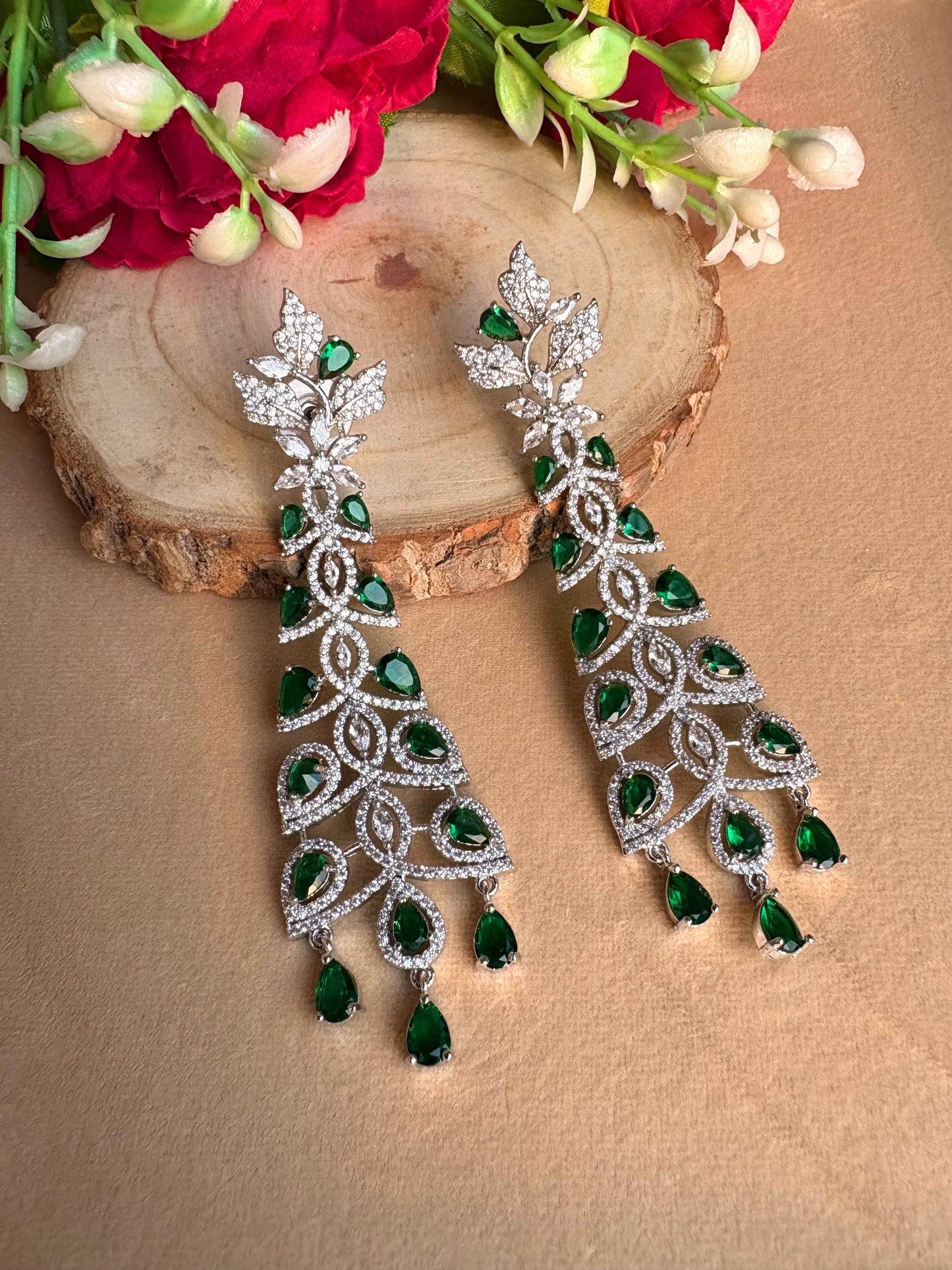 RISHIKA high quality Emerald green american diamond earrings Indian Wedding jewellery, bridal,bollywood jewelry, prom, zirconia danglers