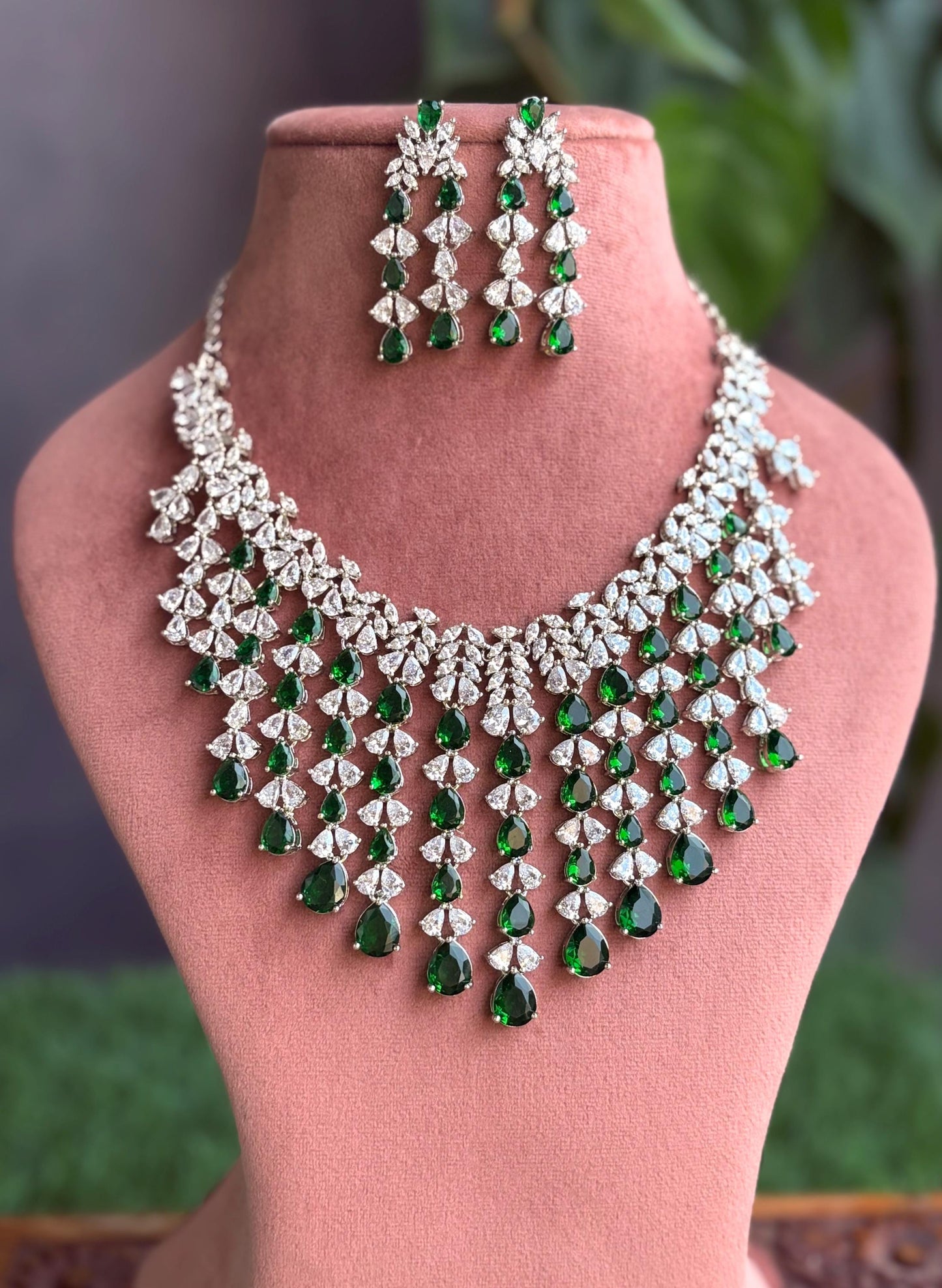 ZAINAB Emerald green necklace set,American Diamond  necklace earrings set Indian bridal wedding jewelry,Pakistani jewellery,green colour