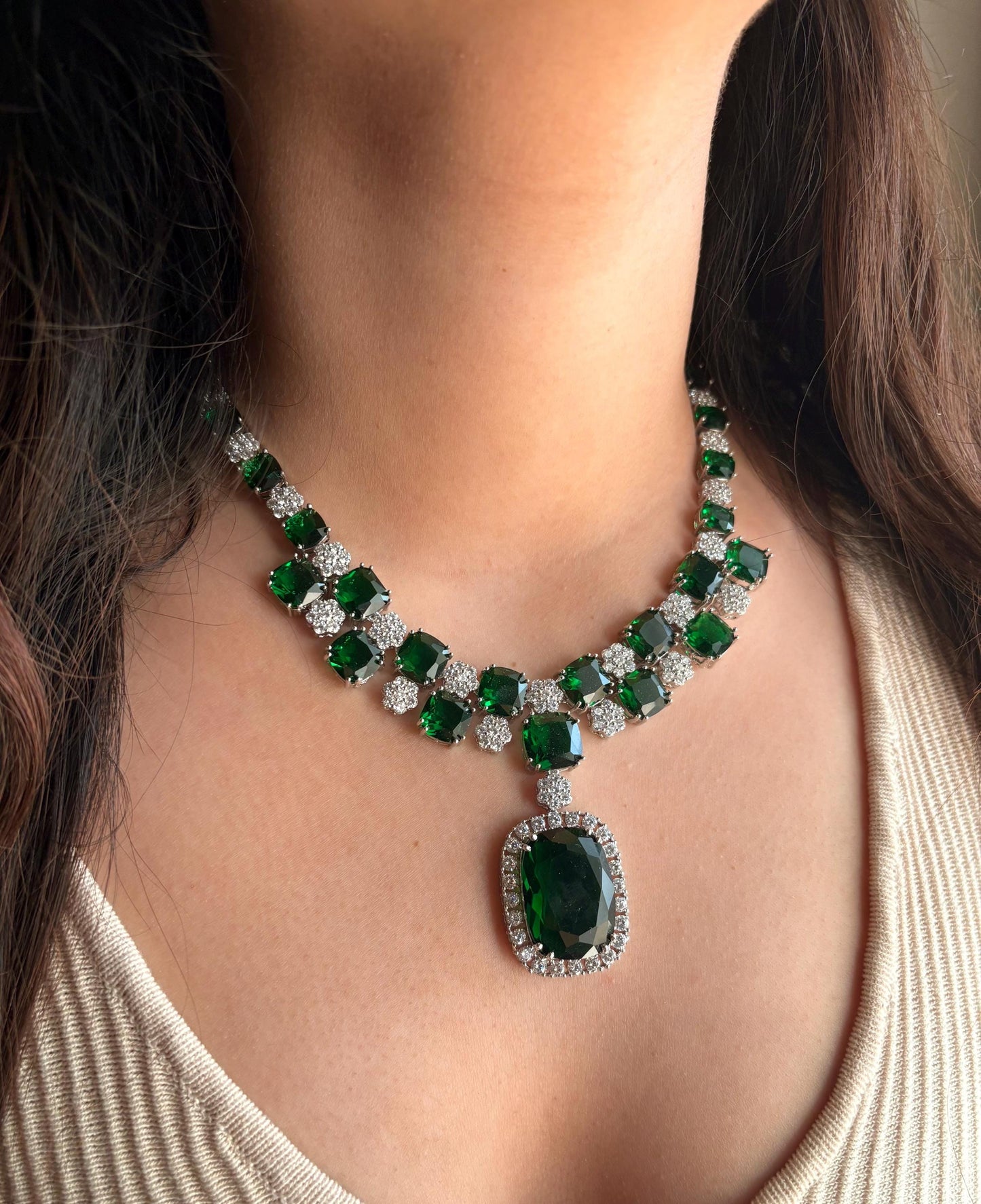 ADITA green necklace earrings in American Diamond Classy high quality cz zircon jewelry,prom,gala dinner green colour jewellery set