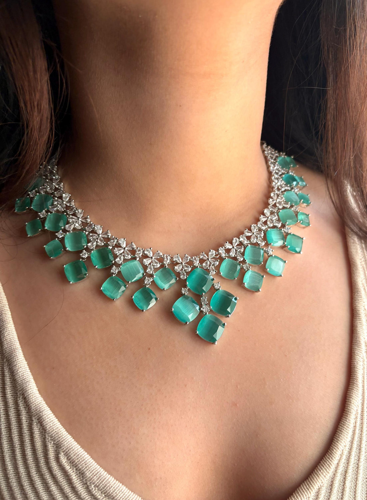 ELIZA Mint green colour jewelry American Diamond High Quality necklace Choker set bridal wedding jewelry, Mint green choker necklace
