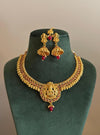 DEVI Gold temple jewellery South Indian jewelry, Goddess Lakshmi necklace with jhumkas and maangtikka, Indian antique golden jewelry, kempu