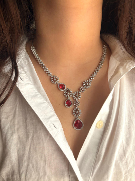 KYRA Ruby red necklace earrings in American Diamond Classy high quality cz zircon jewelry,prom,gala dinner red colour jewellery set