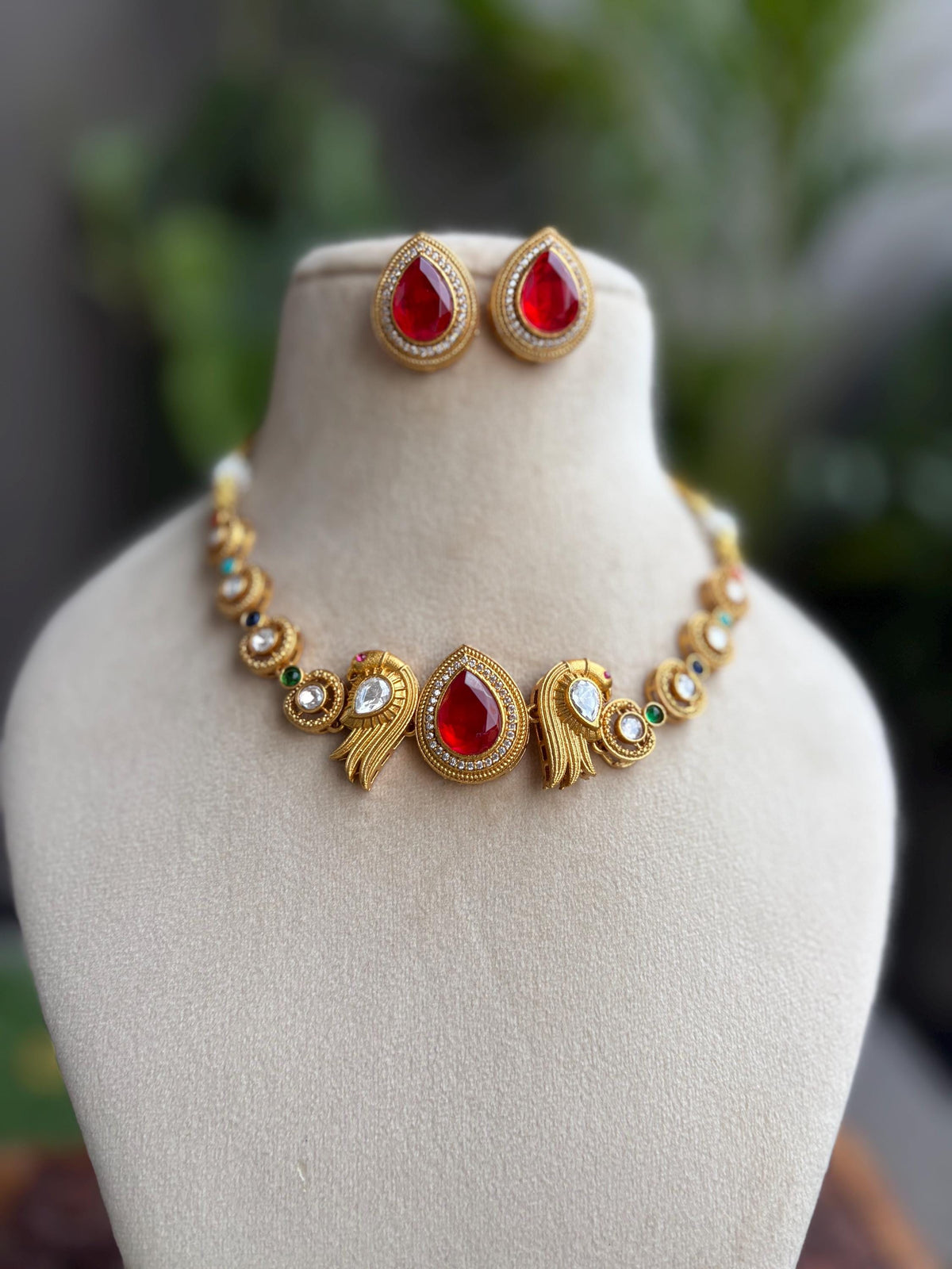 RHEA Gold polish Ruby red colour necklace set in doublet stone ,Indian Bridal jewelery,red colour jewelry,golden polish necklace