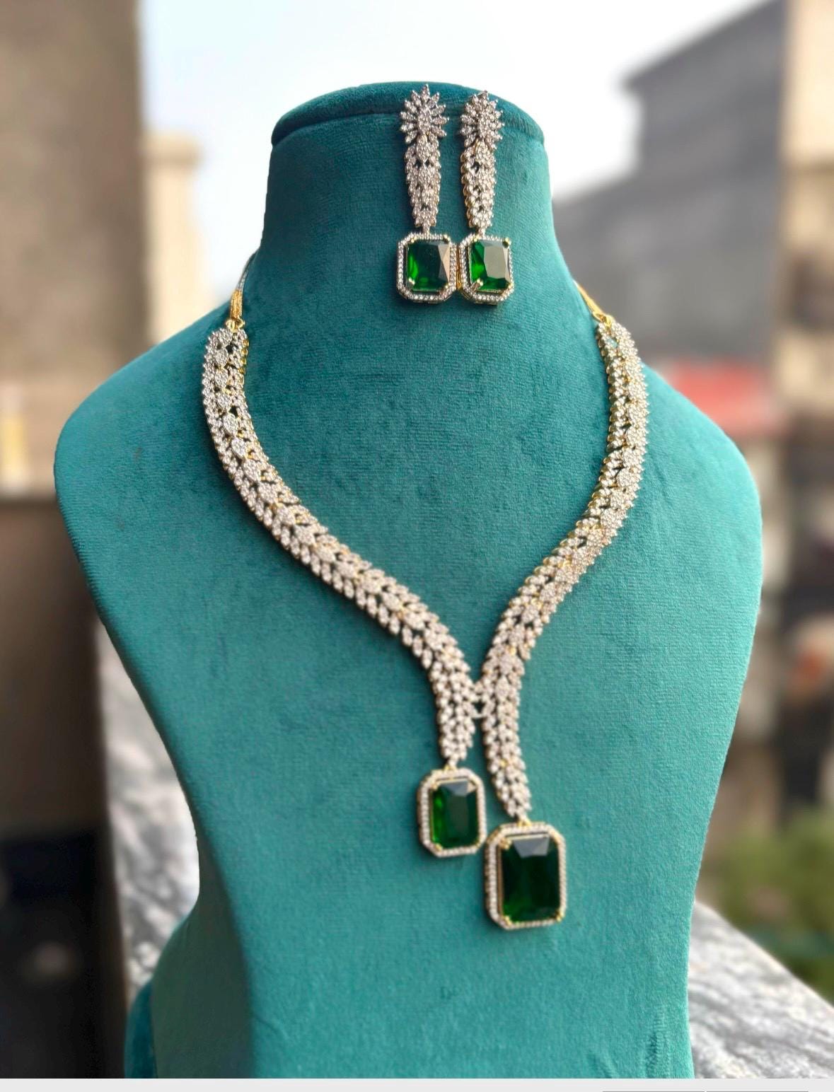 NYSA diamond look gold silver finish green American Diamond Necklace Set/Pakistani bridal wedding jewelry,Indian  elegant jewellery