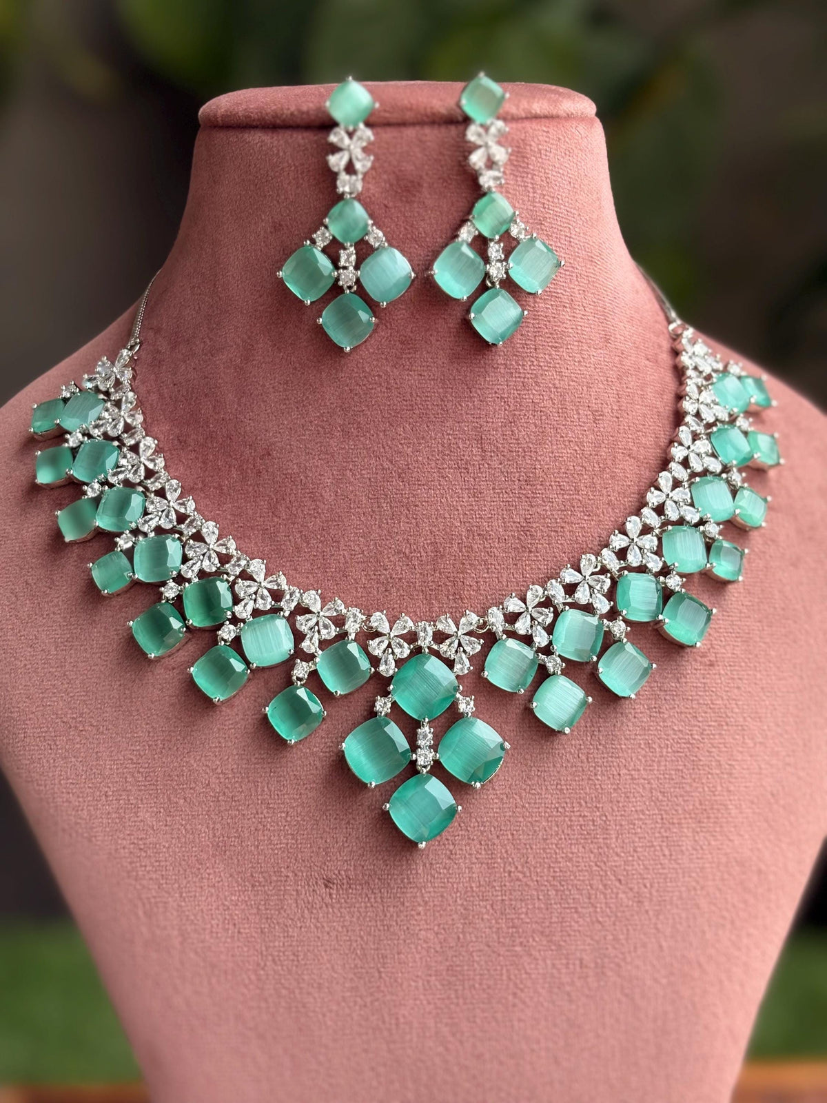 ELIZA Mint green colour jewelry American Diamond High Quality necklace Choker set bridal wedding jewelry, Mint green choker necklace