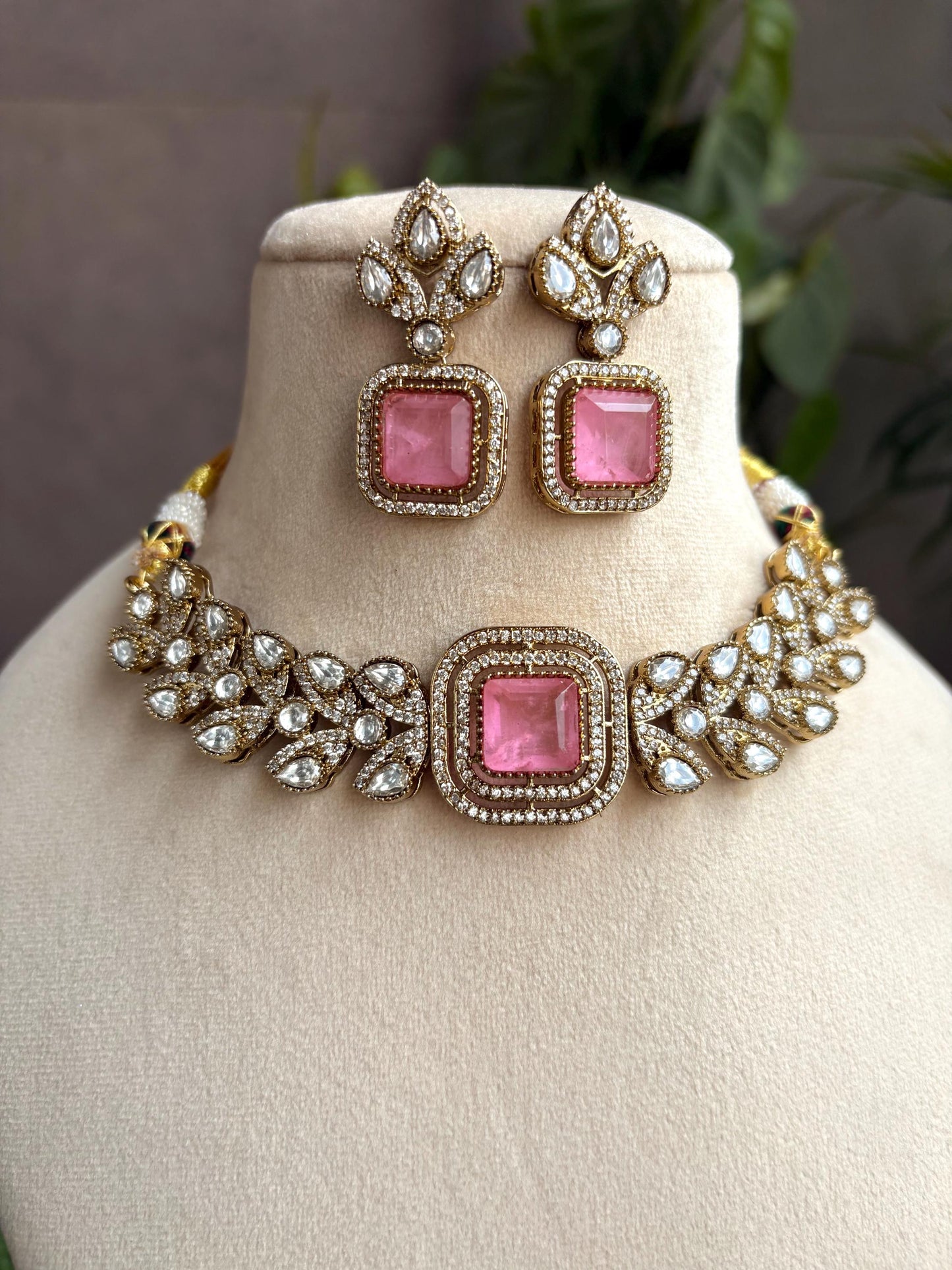 VRINDA Pink Victorian style kundan choker set,cz Indian Bridal jewelry,doublet stone,pakistani wedding jewellery