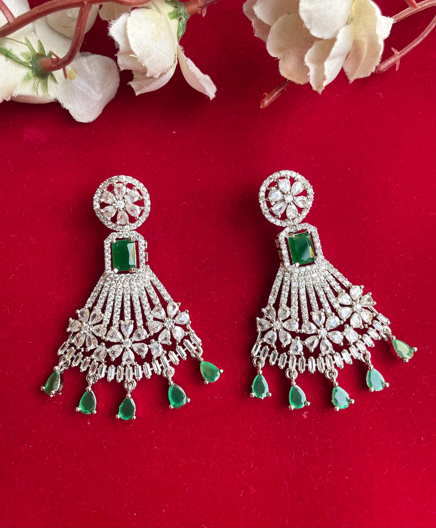 SOFIA high quality Emerald green american diamond earrings Indian Wedding jewellery, bridal,bollywood jewelry, prom, zirconia danglers