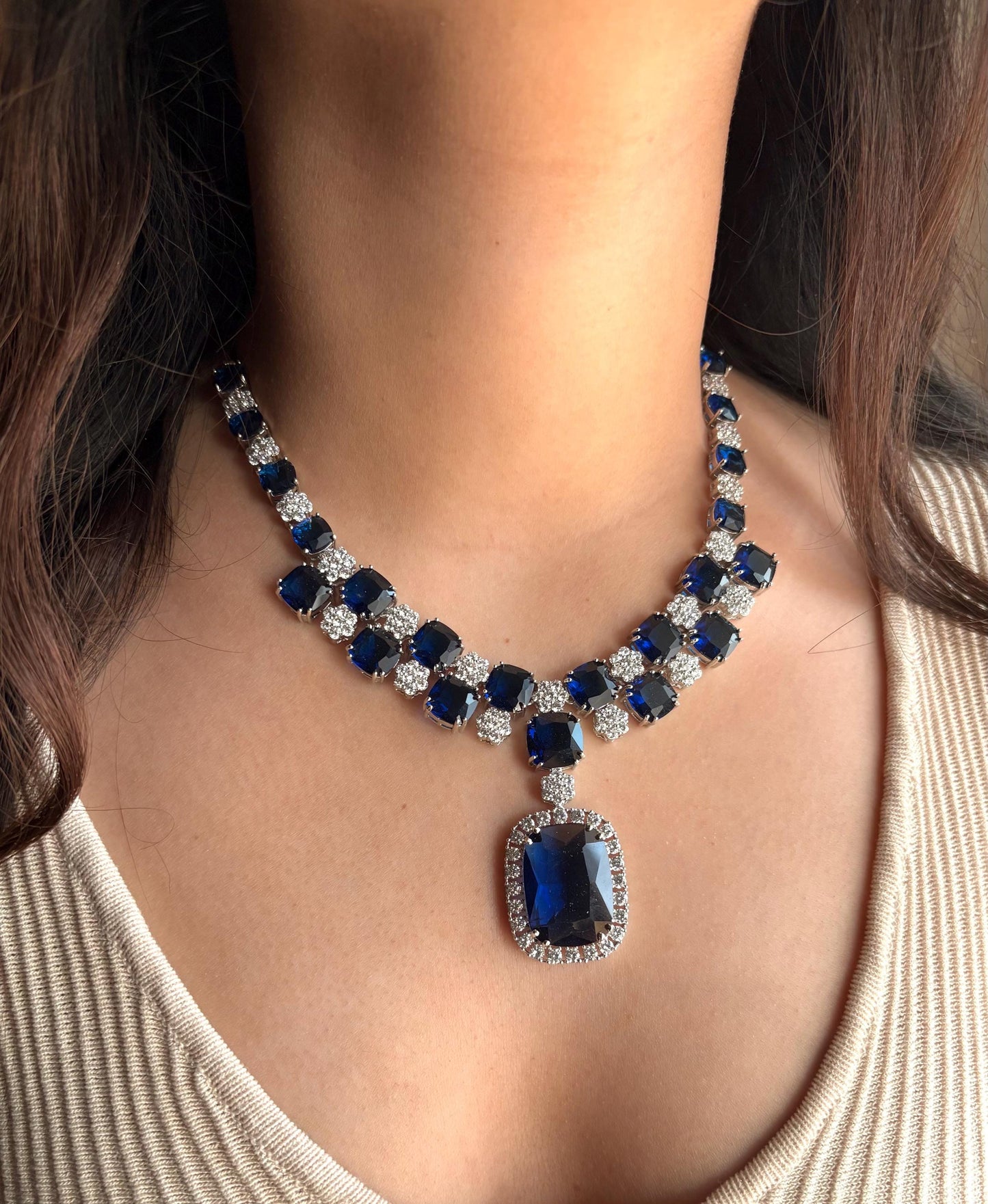 ADITA Sapphire blue necklace earrings in American Diamond Classy high quality cz zircon jewelry,prom,gala dinner blue colour jewellery set
