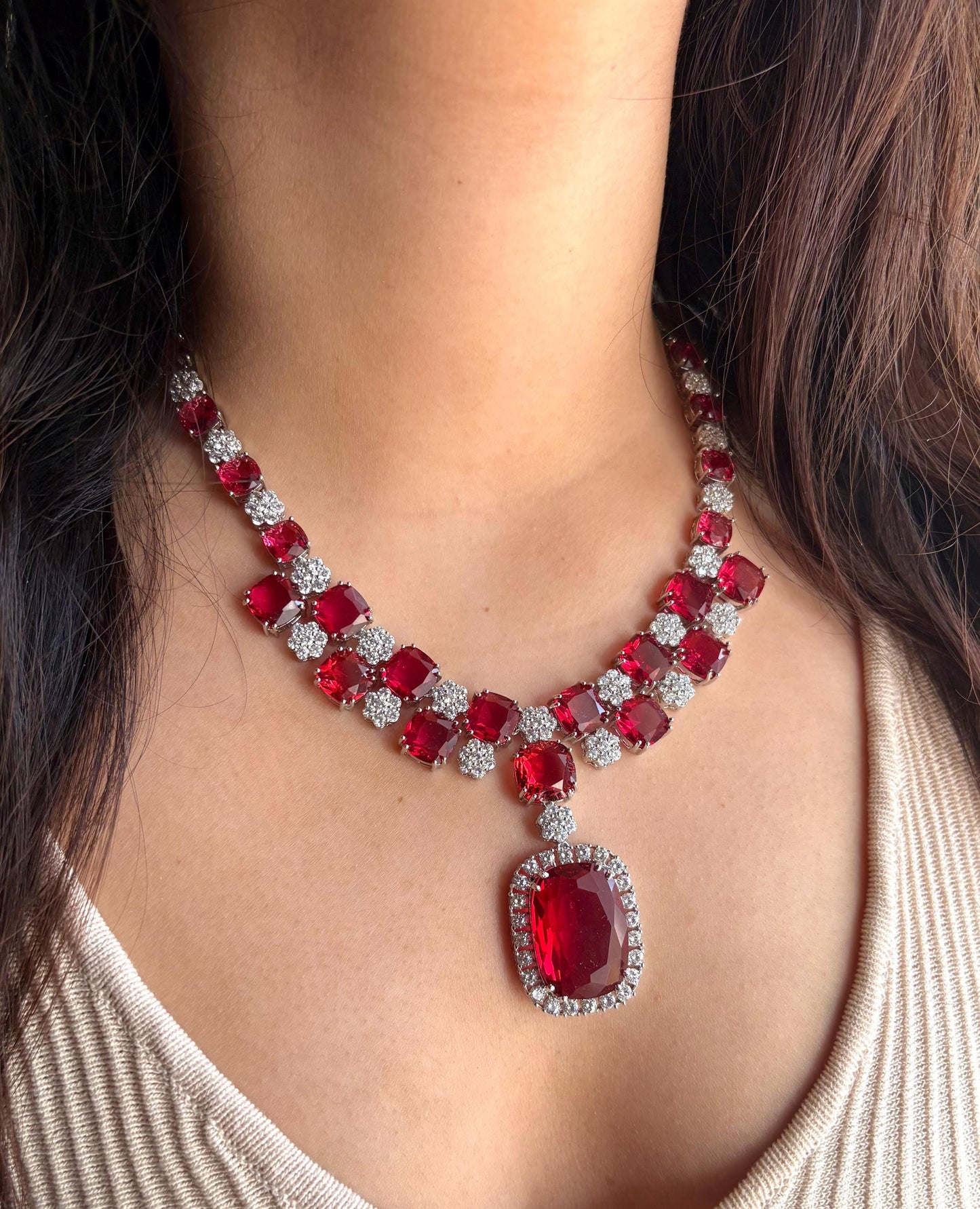 ADITA Ruby red silver necklace earrings in American Diamond Classy high quality cz zircon jewelry,prom,gala dinner red colour jewellery set
