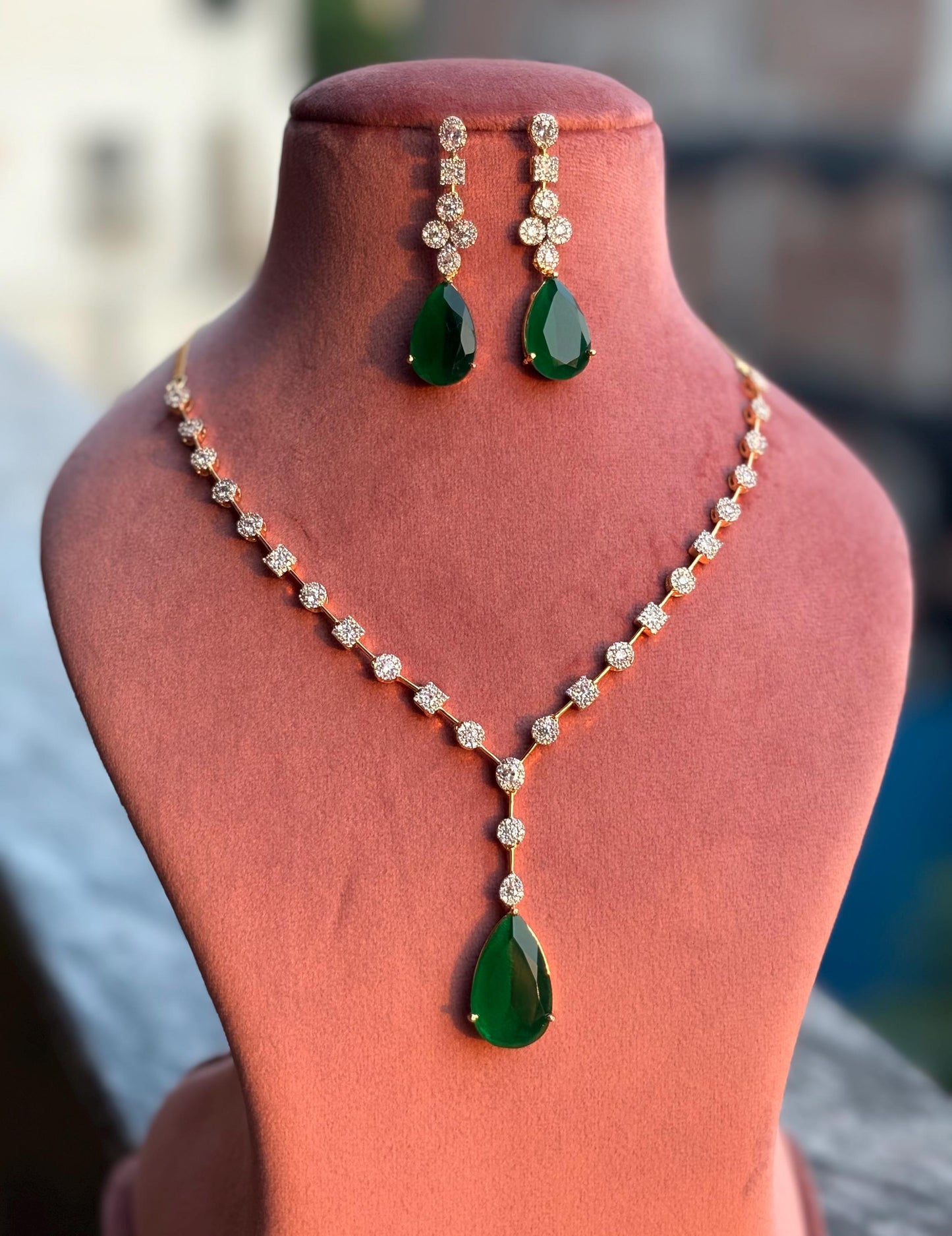 KYLIE Real diamond look gold finish Green cz zircon pendant Necklace Set ,bridal wedding jewelry, Indian elegant green colour jewellery