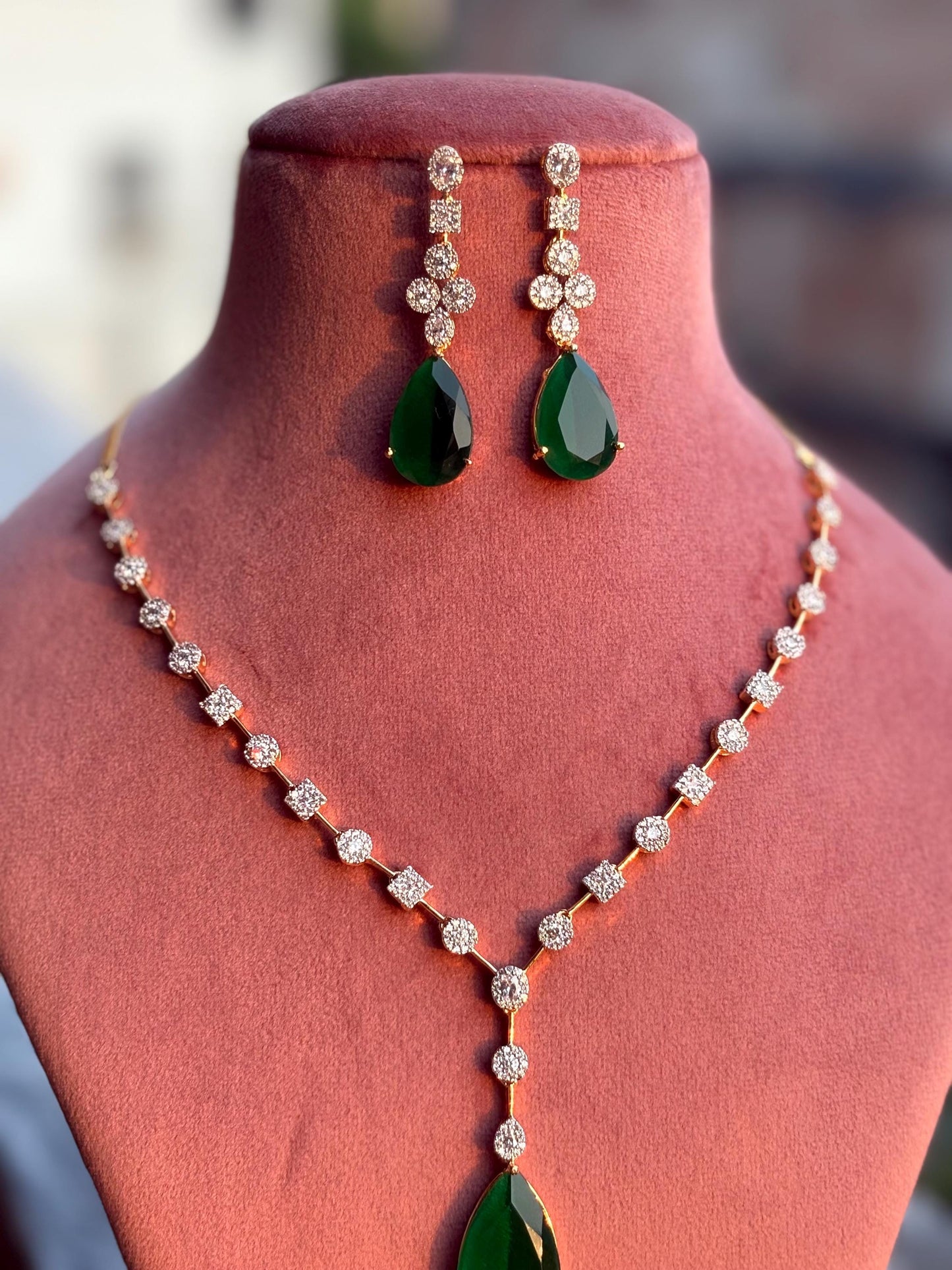 KYLIE Real diamond look gold finish Green cz zircon pendant Necklace Set ,bridal wedding jewelry, Indian elegant green colour jewellery