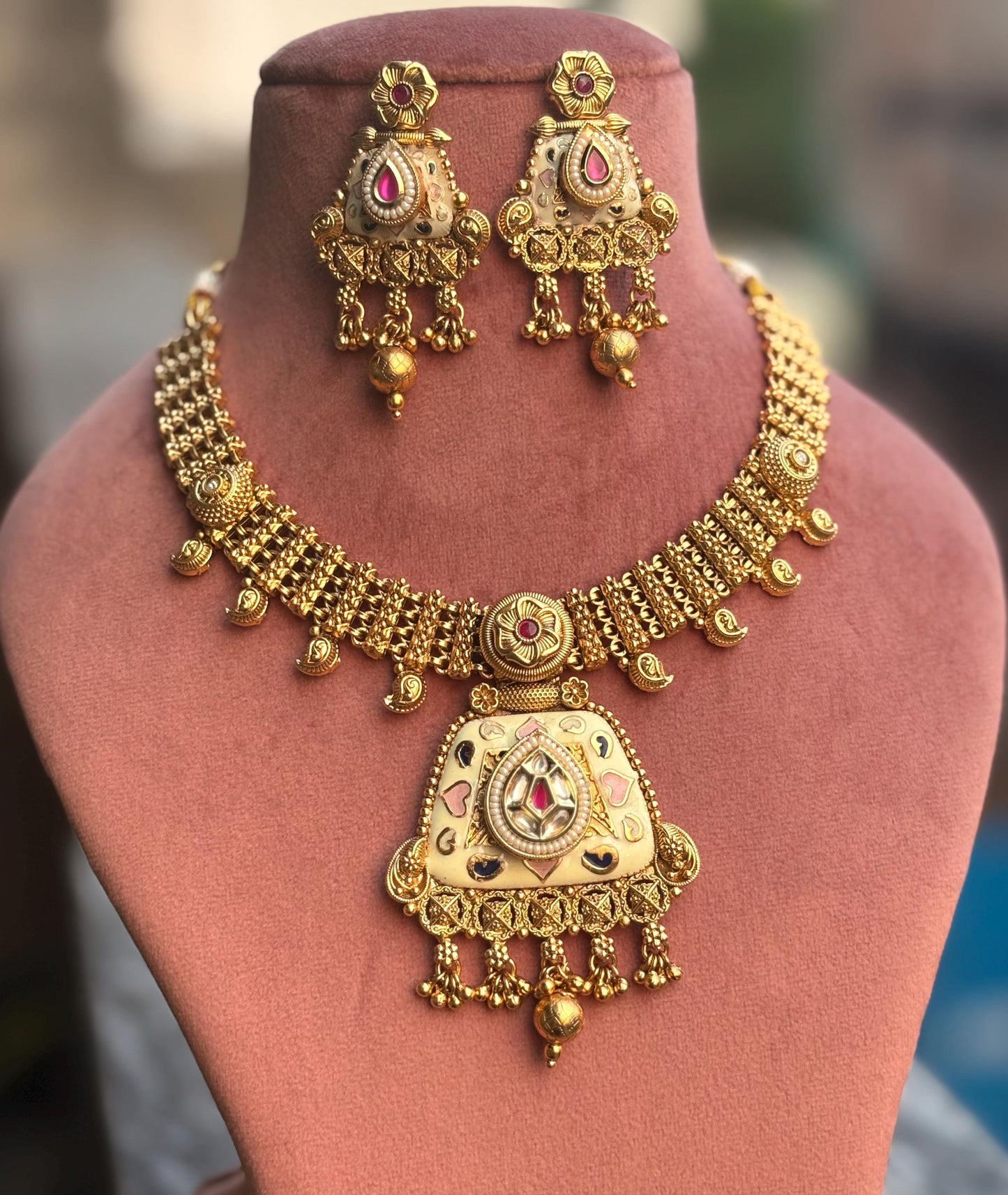 VAMIKA Gold tone Rajwadi jewellery South Indian jewelry,meenakari necklace earrings, Indian ruby stones golden jewelry, kempu temple jewelry