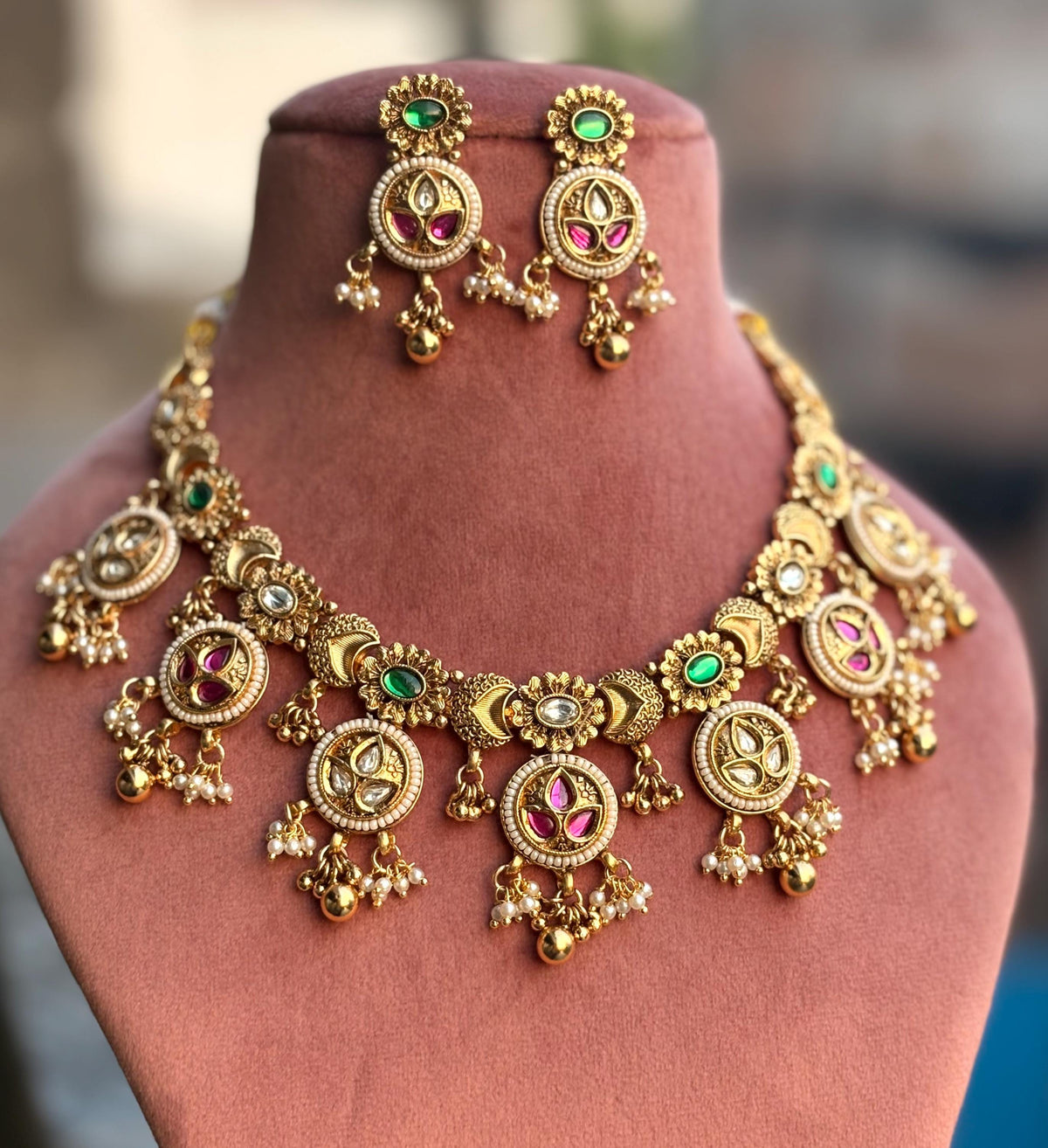 PAAVANI Gold tone Rajwadi jewellery South Indian jewelry,meenakari necklace earrings, Indian ruby stones golden jewelry,kempu temple jewelry