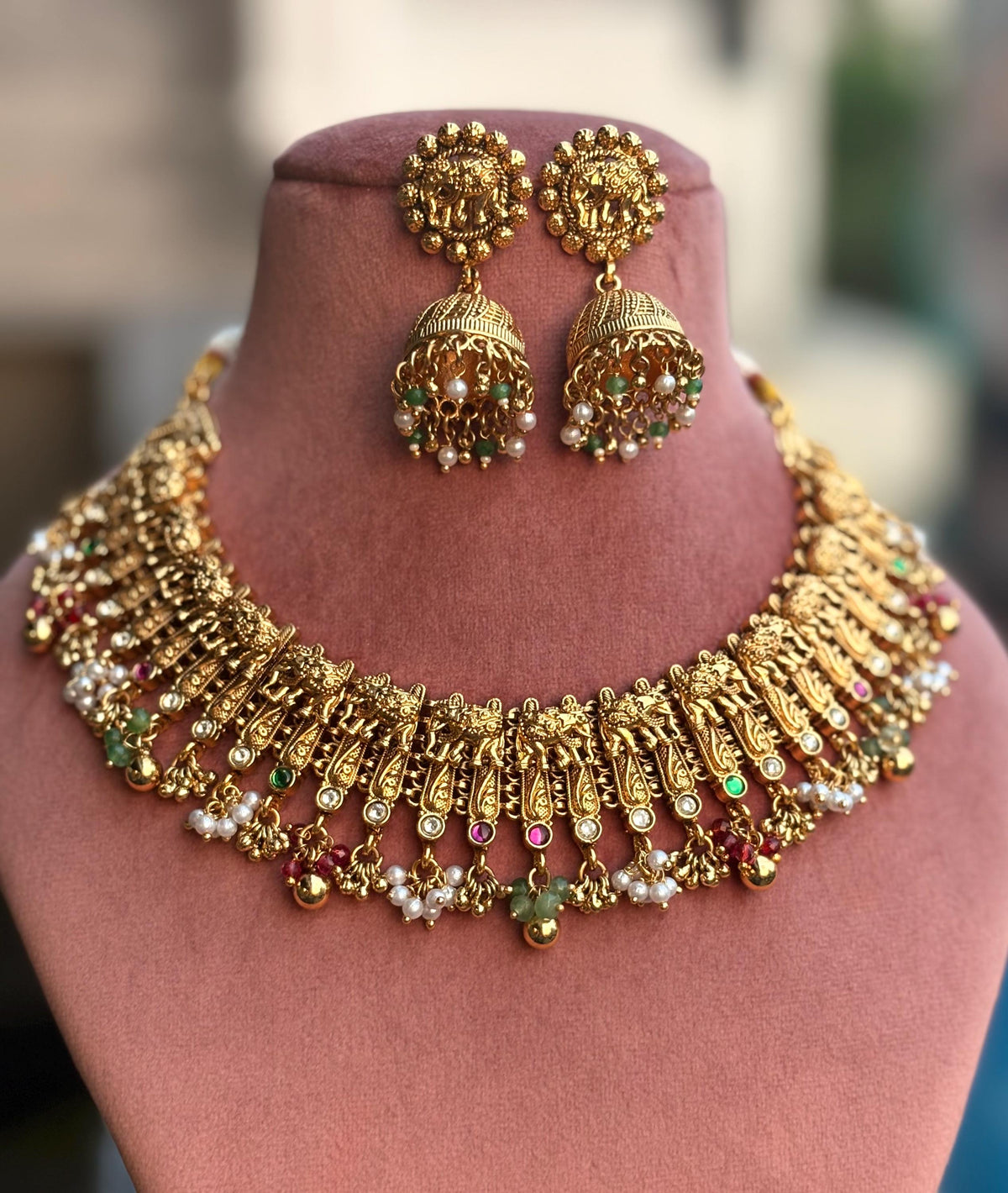 MAANVI Gold tone Rajwadi jewellery South Indian jewelry,meenakari necklace earrings, Indian ruby stones golden jewelry,kempu temple jewelry