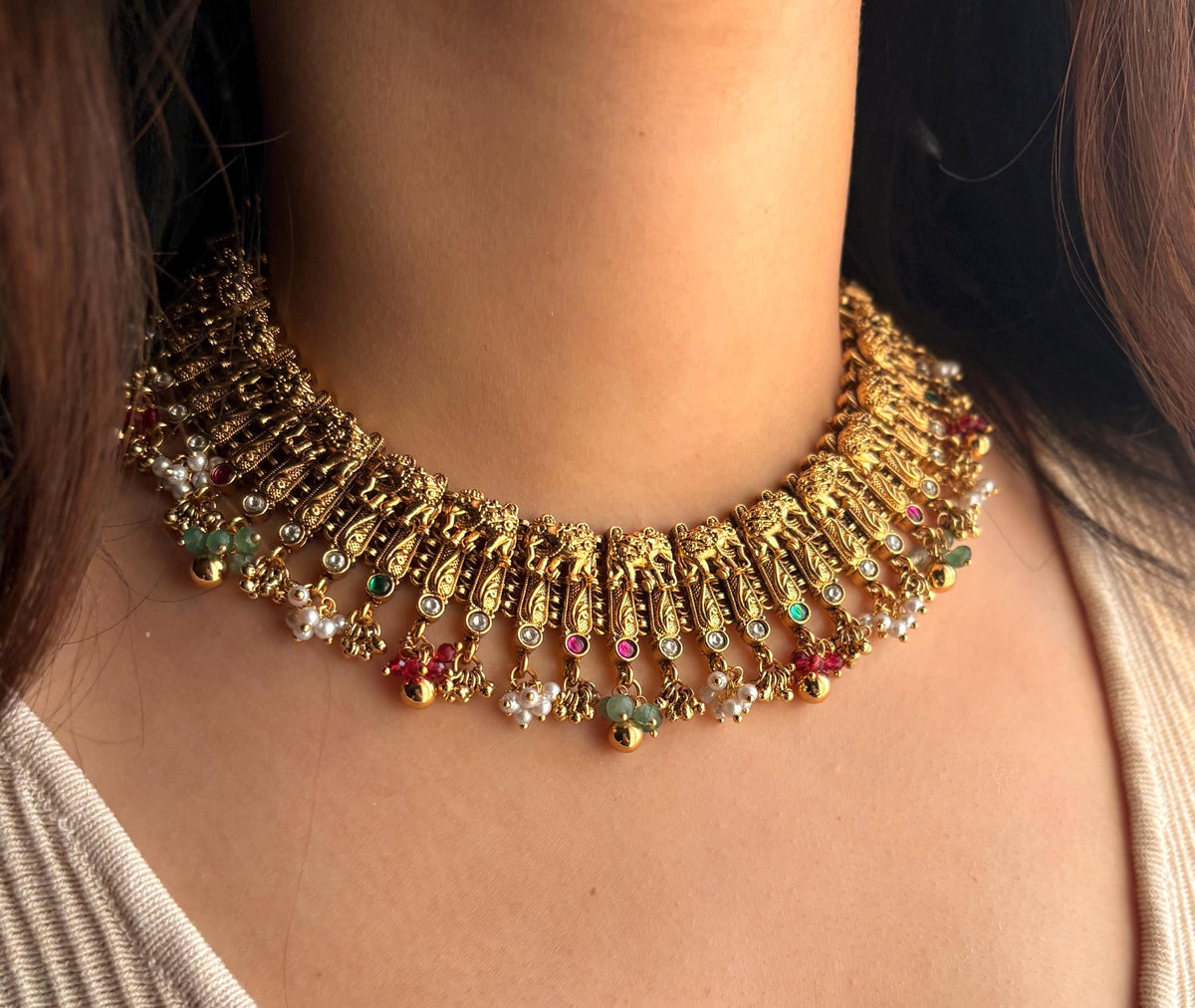 MAANVI Gold tone Rajwadi jewellery South Indian jewelry,meenakari necklace earrings, Indian ruby stones golden jewelry,kempu temple jewelry