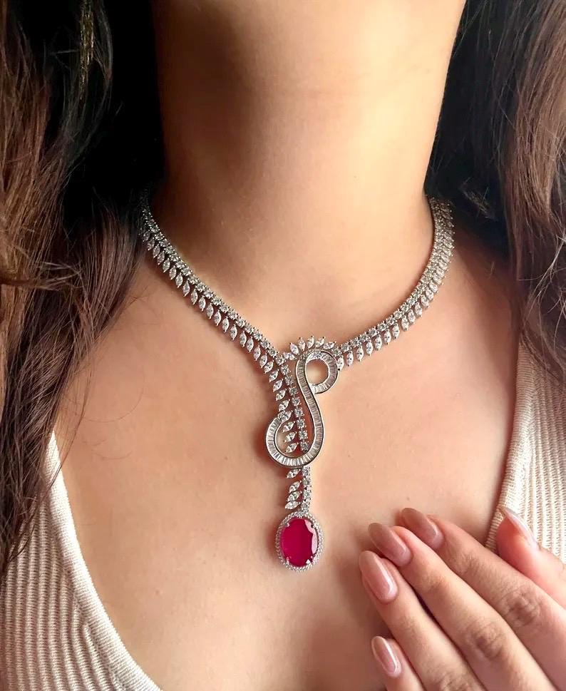 LUNA Ruby colour necklace earrings in American Diamond Classy high quality cz zircon jewelry,prom,gala dinner ruby pink jewellery set