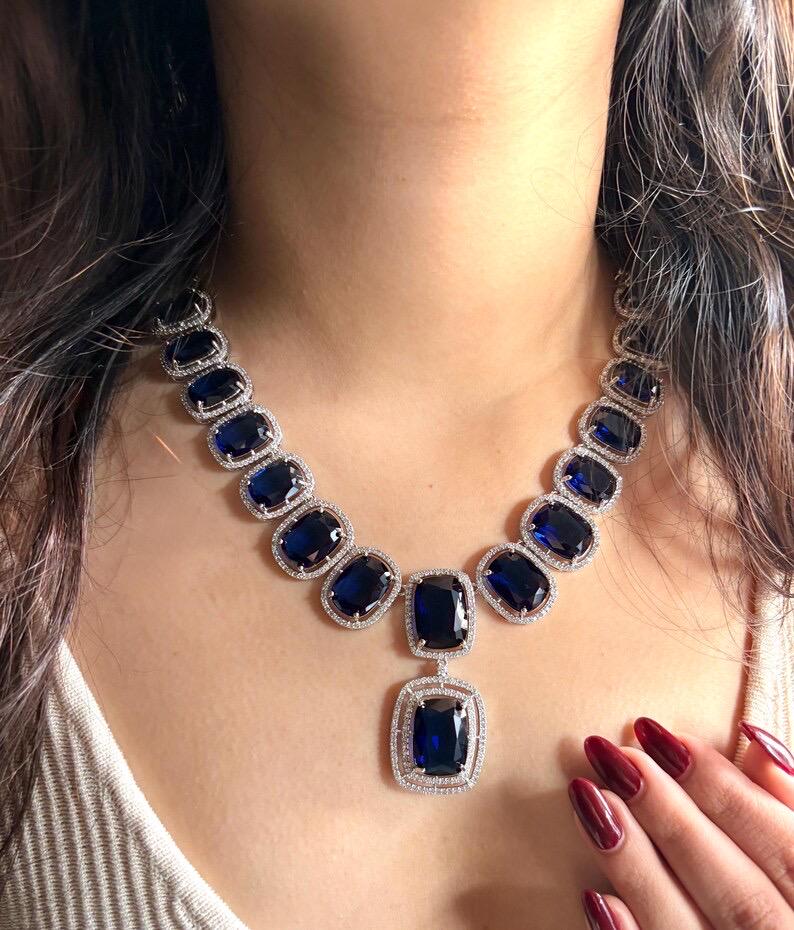 IVY Sapphire blue necklace earrings in American Diamond Classy high quality cz zircon jewelry,prom,gala dinner blue colour jewellery set