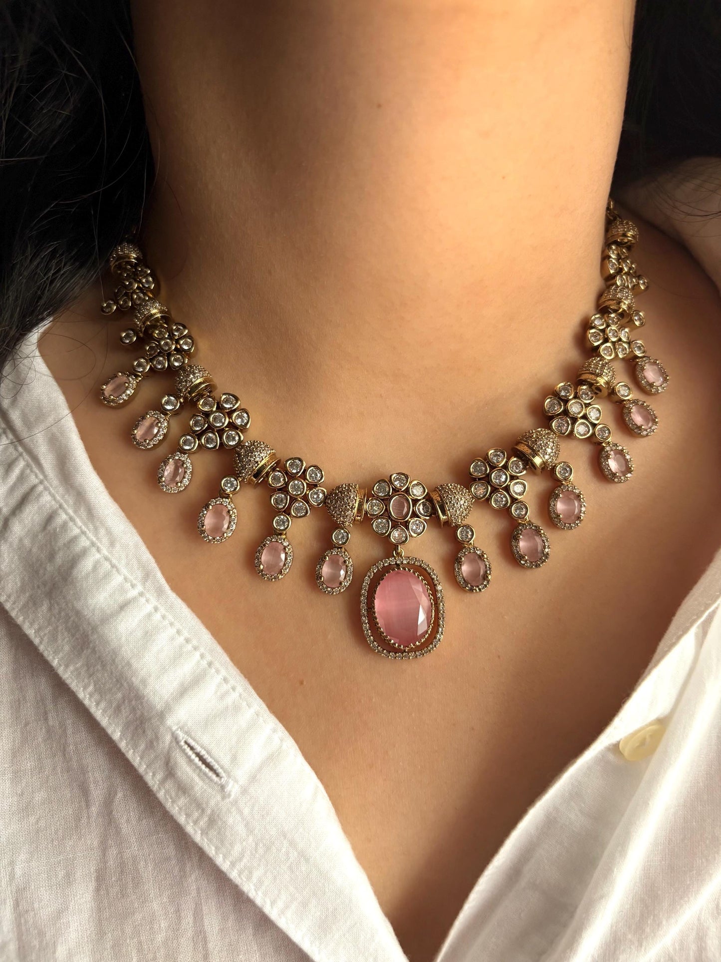 RIMAYA Sabyasachi inspired pink colour kundan and zircon sleek necklace set in  mehndi golden polish, Indian bridal victorian style jewelry