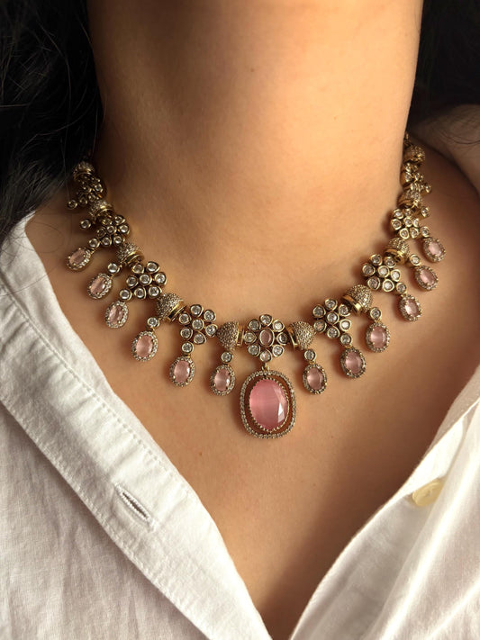 RIMAYA Sabyasachi inspired pink colour kundan and zircon sleek necklace set in  mehndi golden polish, Indian bridal victorian style jewelry