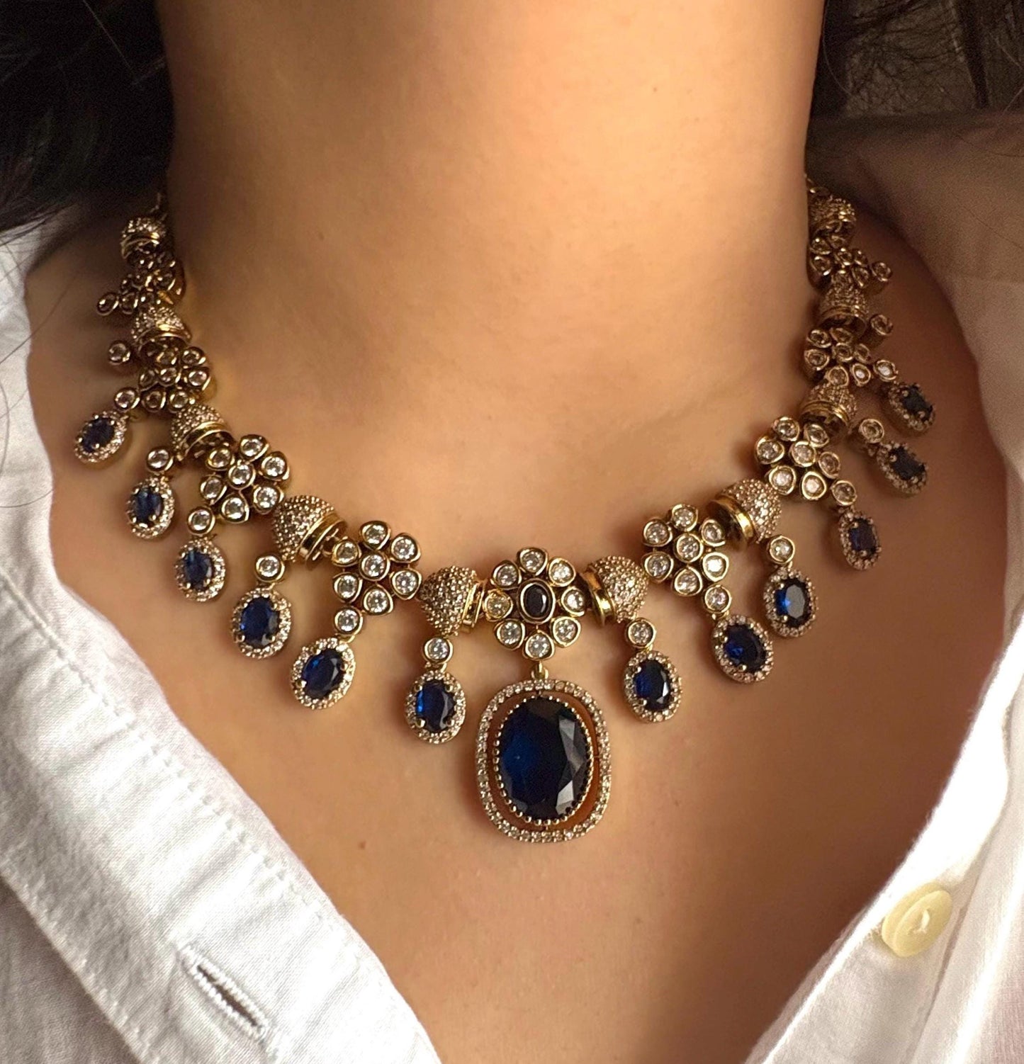 RIMAYA Sabyasachi inspired sapphire blue kundan and zircon sleek necklace set in mehndi golden polish,Indian victorian style jewelry