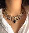 RIMAYA Sabyasachi inspired sapphire blue kundan and zircon sleek necklace set in mehndi golden polish,Indian victorian style jewelry