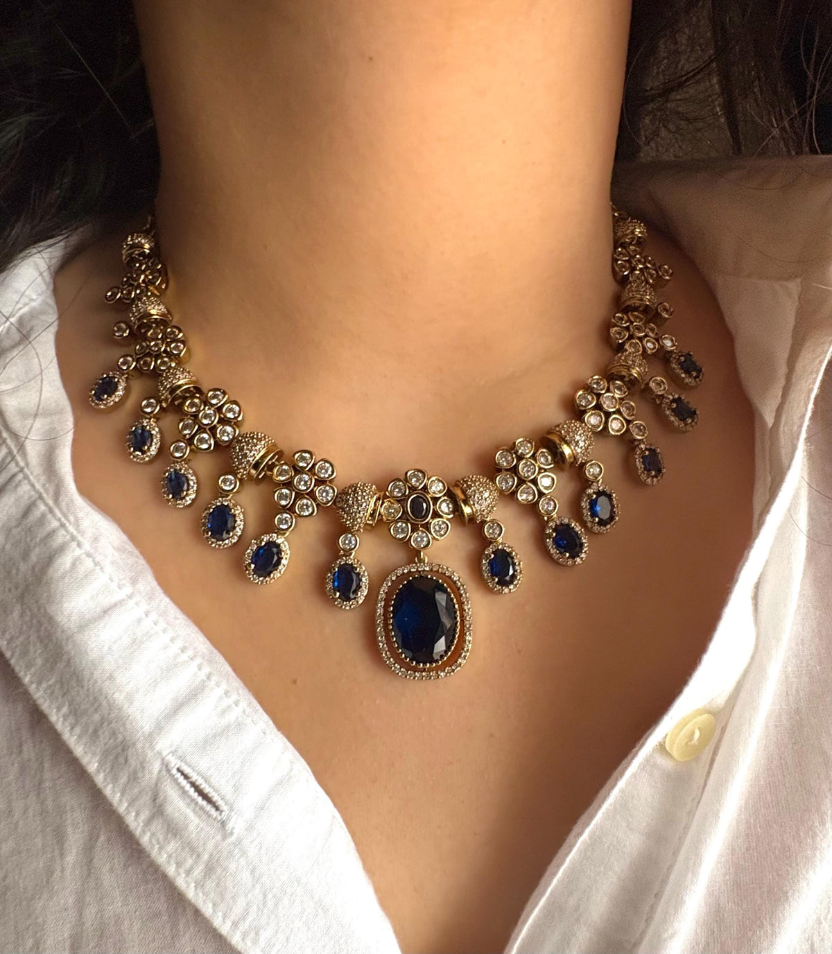RIMAYA Sabyasachi inspired sapphire blue kundan and zircon sleek necklace set in mehndi golden polish,Indian victorian style jewelry