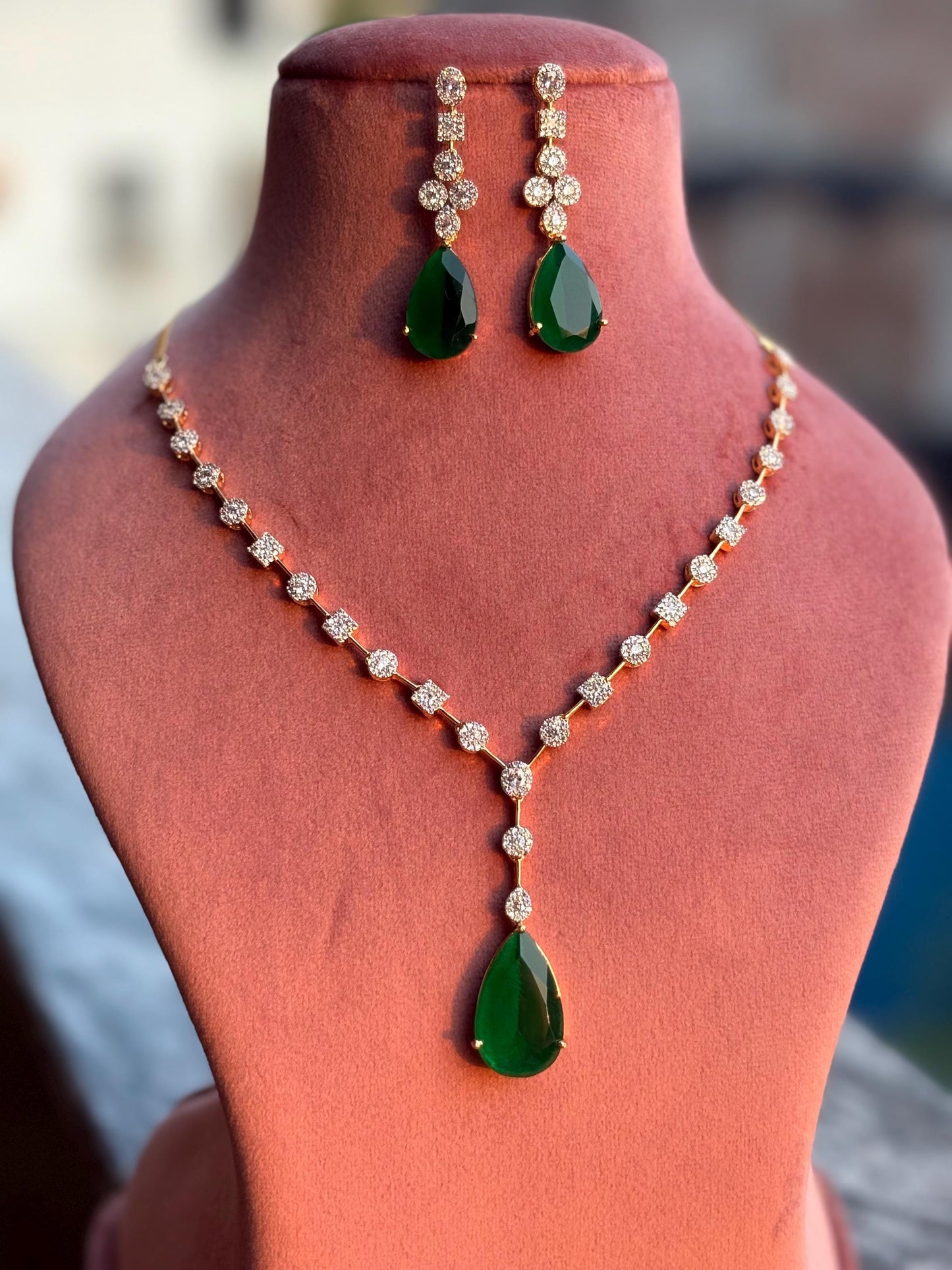 KYLIE Real diamond look gold finish Green cz zircon pendant Necklace Set ,bridal wedding jewelry, Indian elegant green colour jewellery