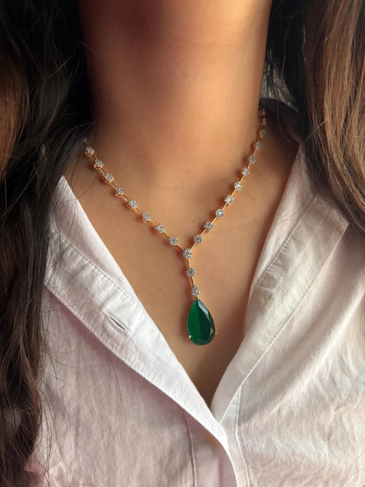 KYLIE Real diamond look gold finish Green cz zircon pendant Necklace Set ,bridal wedding jewelry, Indian elegant green colour jewellery