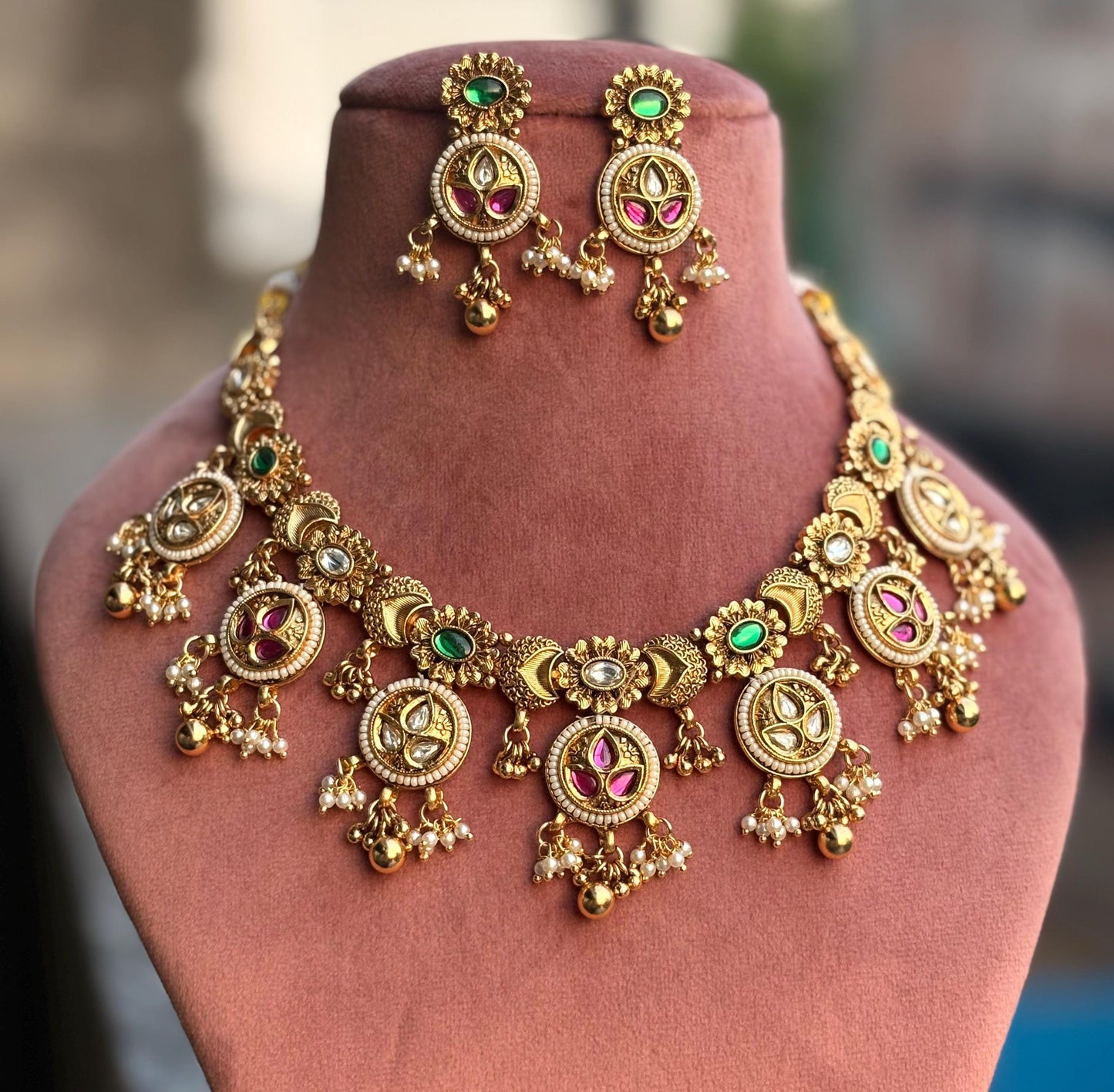 PAAVANI Gold tone Rajwadi jewellery South Indian jewelry,meenakari necklace earrings, Indian ruby stones golden jewelry,kempu temple jewelry