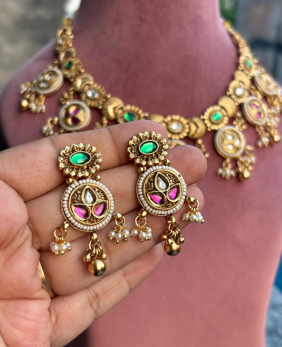 PAAVANI Gold tone Rajwadi jewellery South Indian jewelry,meenakari necklace earrings, Indian ruby stones golden jewelry,kempu temple jewelry