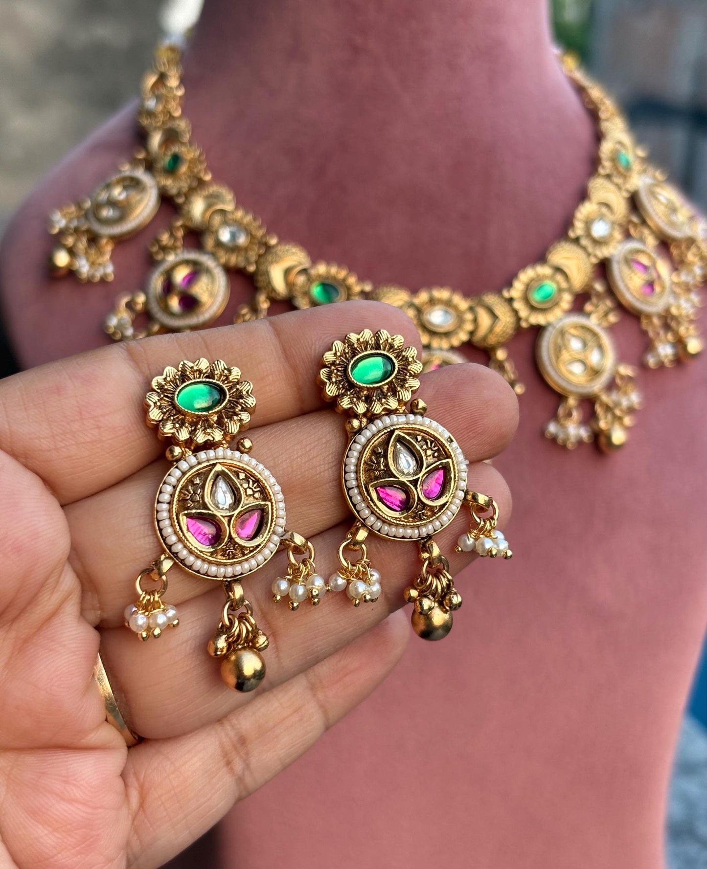 PAAVANI Gold tone Rajwadi jewellery South Indian jewelry,meenakari necklace earrings, Indian ruby stones golden jewelry,kempu temple jewelry