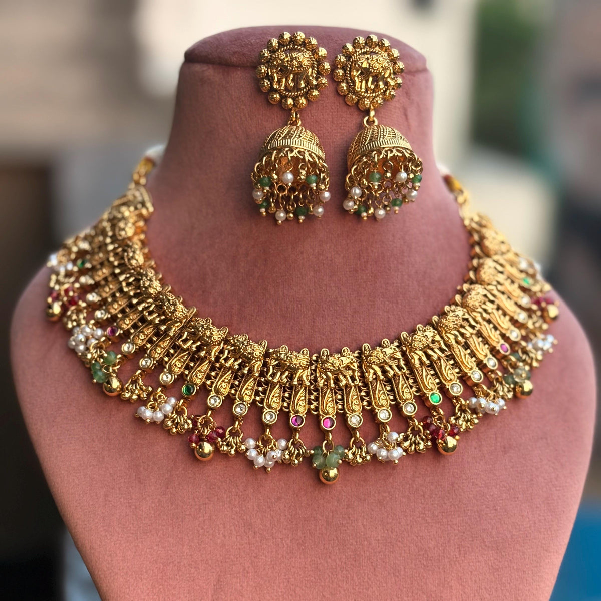 MAANVI Gold tone Rajwadi jewellery South Indian jewelry,meenakari necklace earrings, Indian ruby stones golden jewelry,kempu temple jewelry