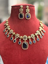 RIMAYA Sabyasachi inspired sapphire blue kundan and zircon sleek necklace set in mehndi golden polish,Indian victorian style jewelry
