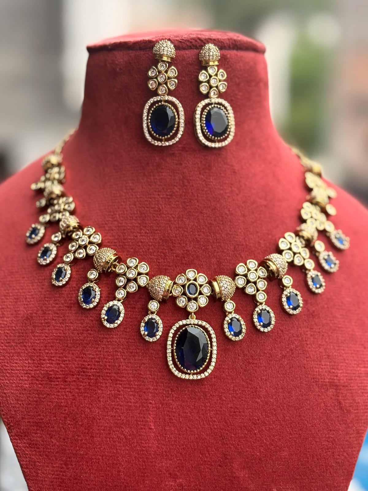 RIMAYA Sabyasachi inspired sapphire blue kundan and zircon sleek necklace set in mehndi golden polish,Indian victorian style jewelry