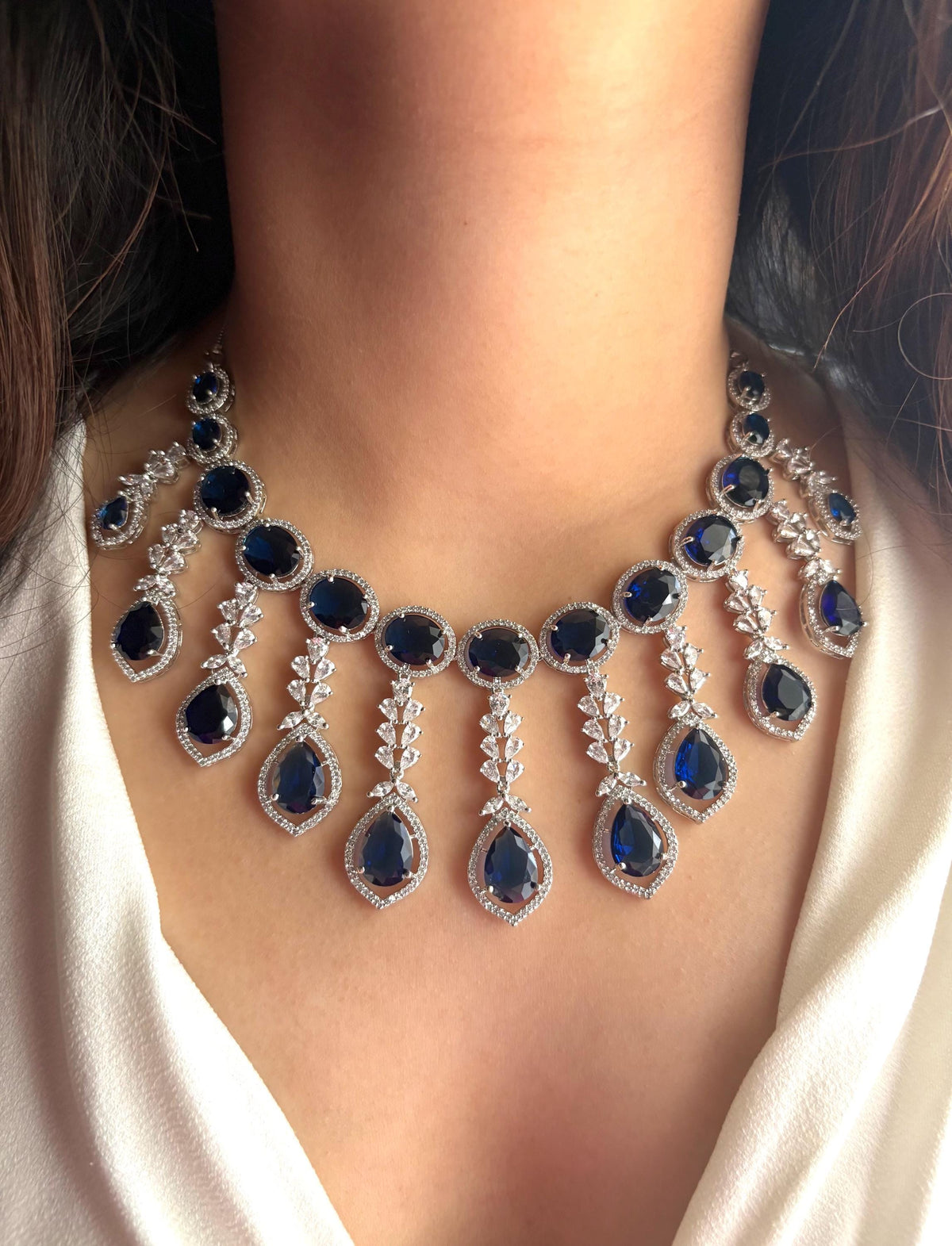 TANAAZ Sapphire blue necklace earrings in American Diamond Classy high quality cz zircon jewelry,prom ink blue colour jewellery set