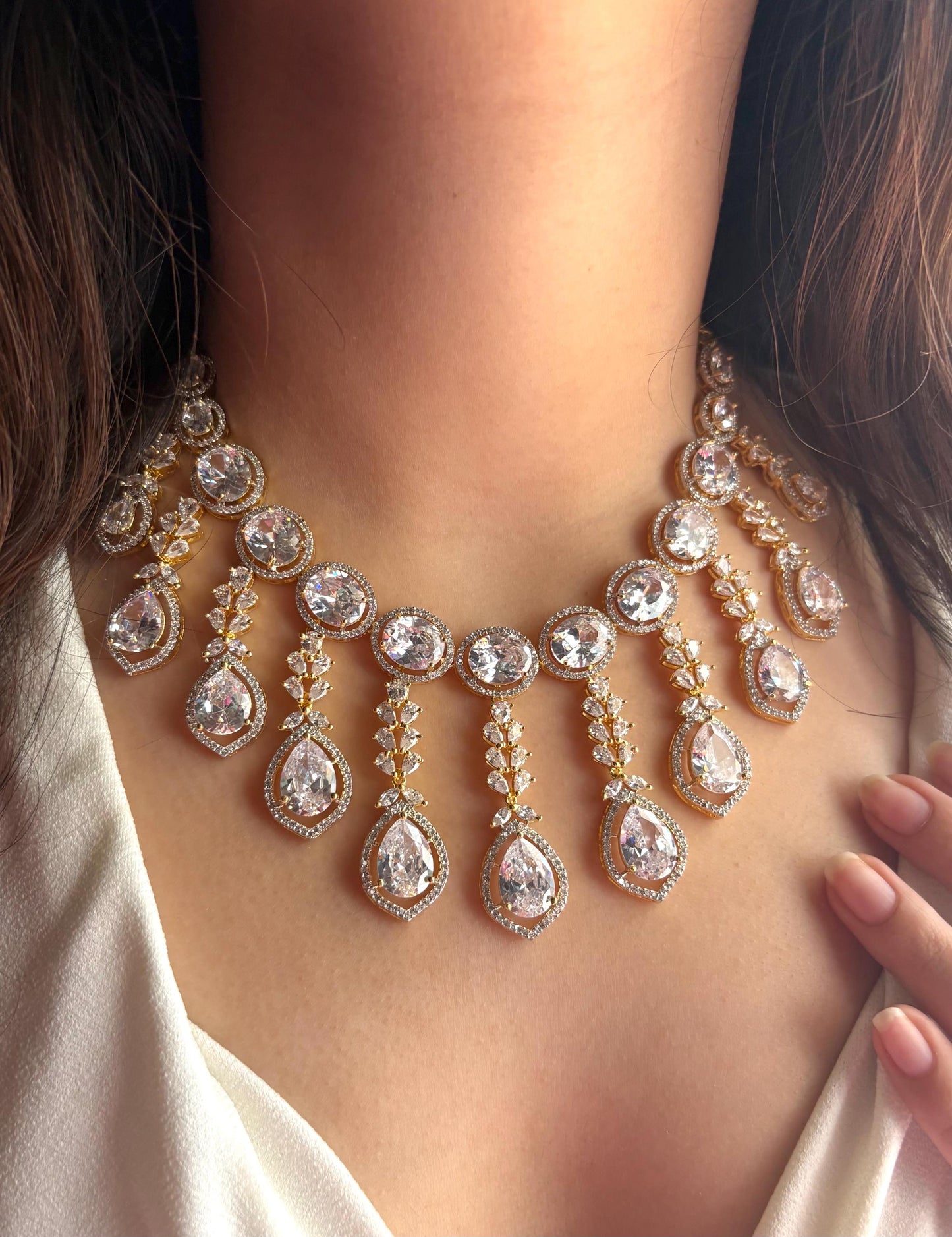 TANAAZ Golden polish clear stone necklace earrings, real diamond look high quality cz zircon prom  jewelry, gold polish wedding necklace set
