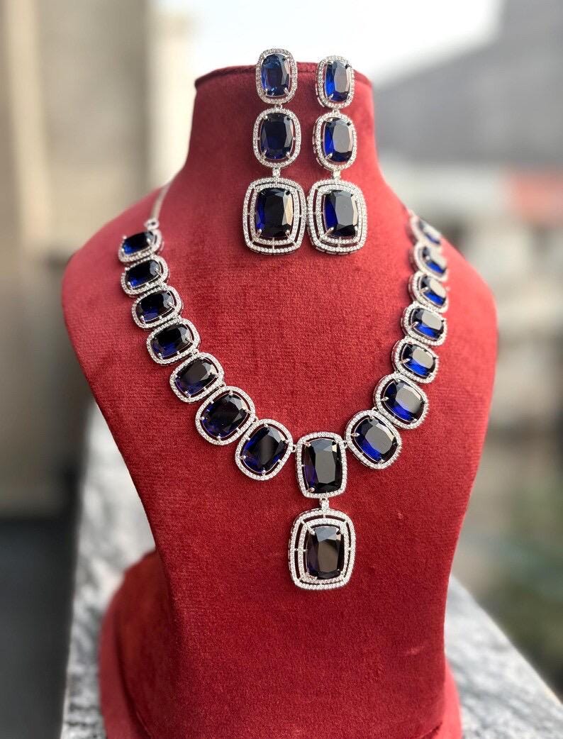 IVY Sapphire blue necklace earrings in American Diamond Classy high quality cz zircon jewelry,prom,gala dinner blue colour jewellery set