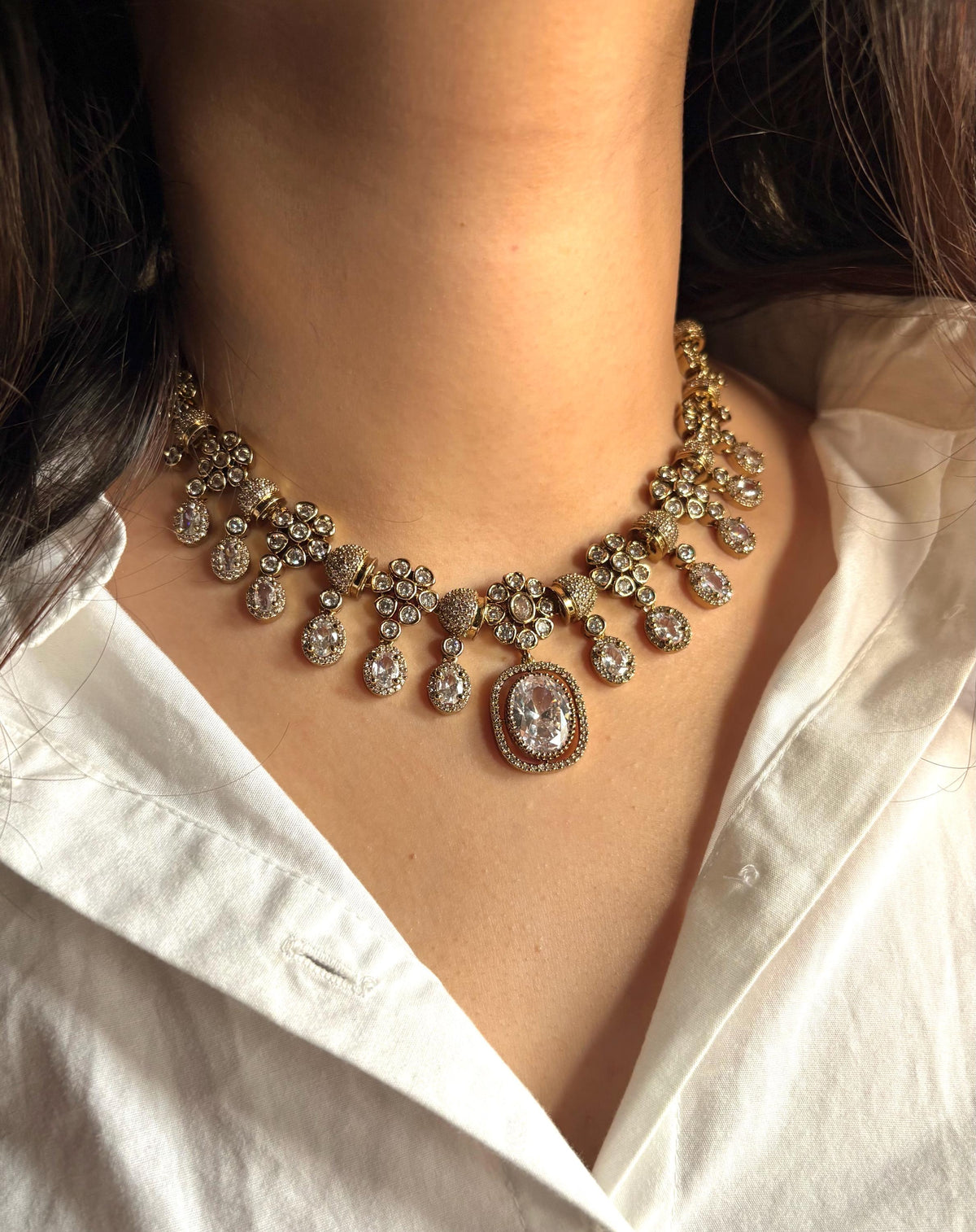 RIMAYA Sabyasachi inspired clear stones kundan and zircon sleek necklace set in  mehndi golden polish, Indian bridal victorian style jewelry