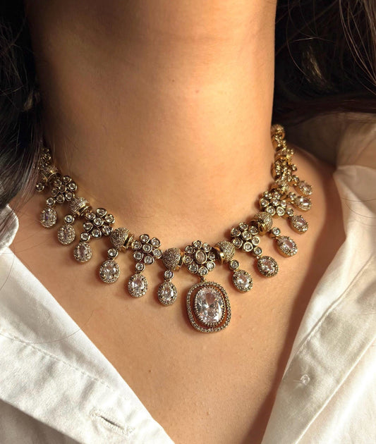RIMAYA Sabyasachi inspired clear stones kundan and zircon sleek necklace set in  mehndi golden polish, Indian bridal victorian style jewelry
