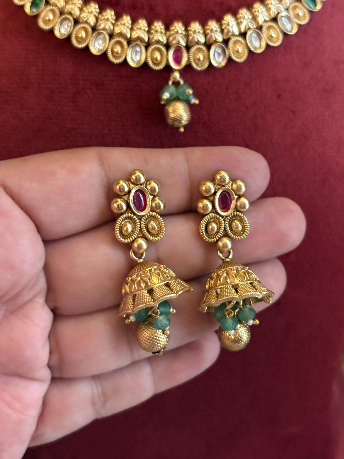 TANVI Gold Rajwadi jewellery South Indian jewelry,necklace with jhumkas, Indian antique golden jewelry, kempu temple jewelry