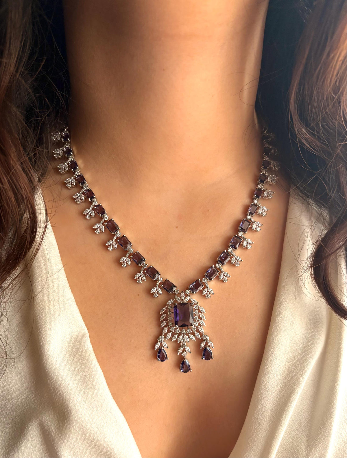 CELESTE purple colour necklace Set in silver finish American Diamond Classy cz zircon jewelry, prom,gala dinner purple and silver jewelry