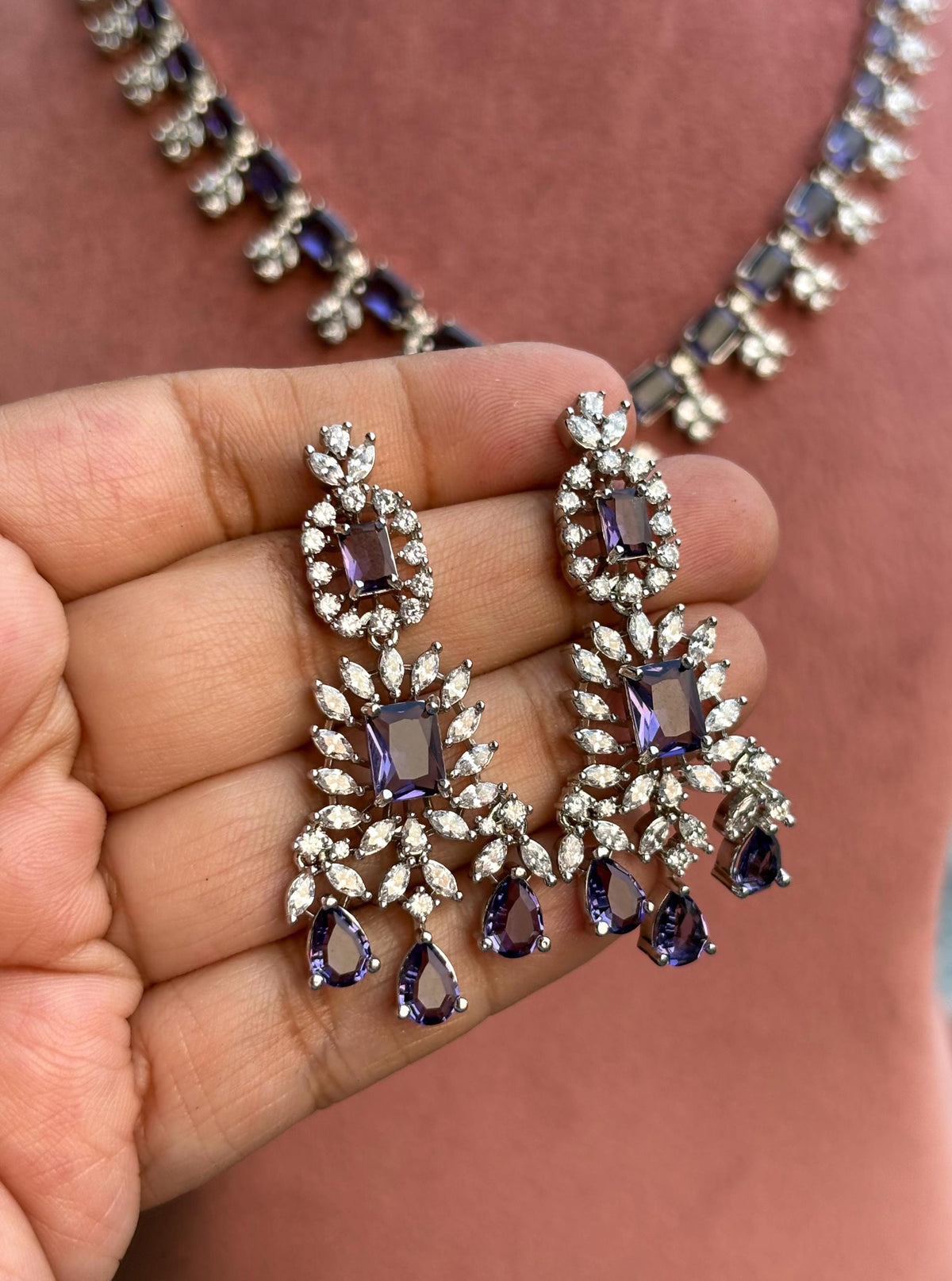 CELESTE purple colour necklace Set in silver finish American Diamond Classy cz zircon jewelry, prom,gala dinner purple and silver jewelry