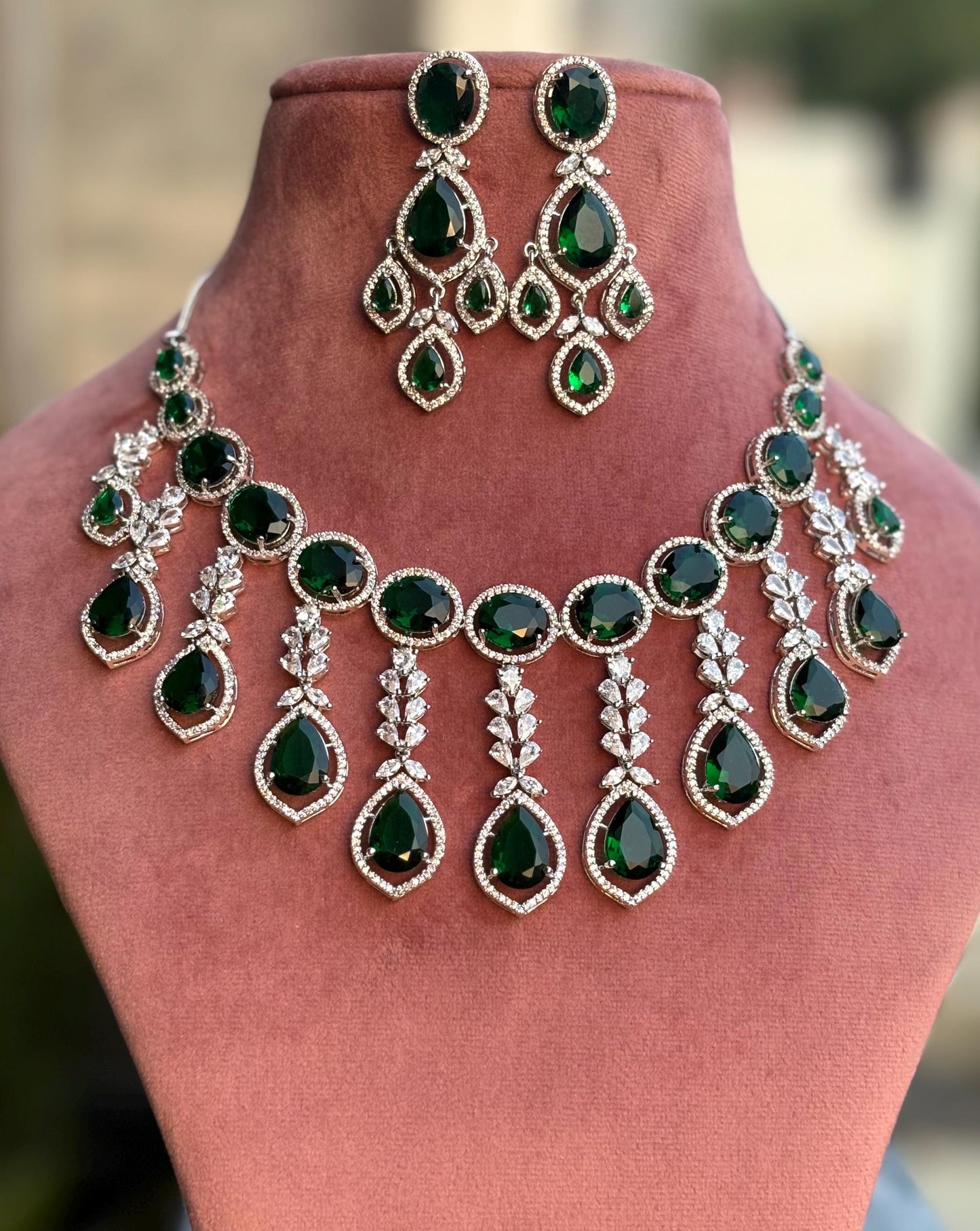 TANAAZ High quality Emerald green necklace earrings, real diamond look cz zircon prom  jewelry, green and silver polish wedding necklace set