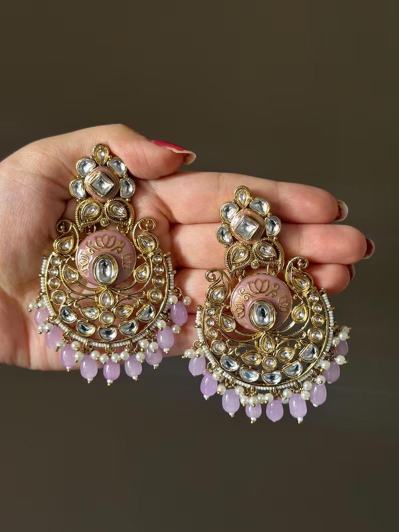 ASHA Teal Gold Tone Royal Kundan Chandbali / Indian Earrings, Wedding Jewelry Pakistani event accessory golden bollywood chandbalis