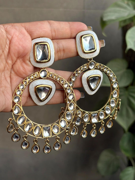 HINAA ivory White Gold Statement chandbali earrings Bollywood chandbalis Pakistani Wedding Navratri function Indian Diwali jewelry