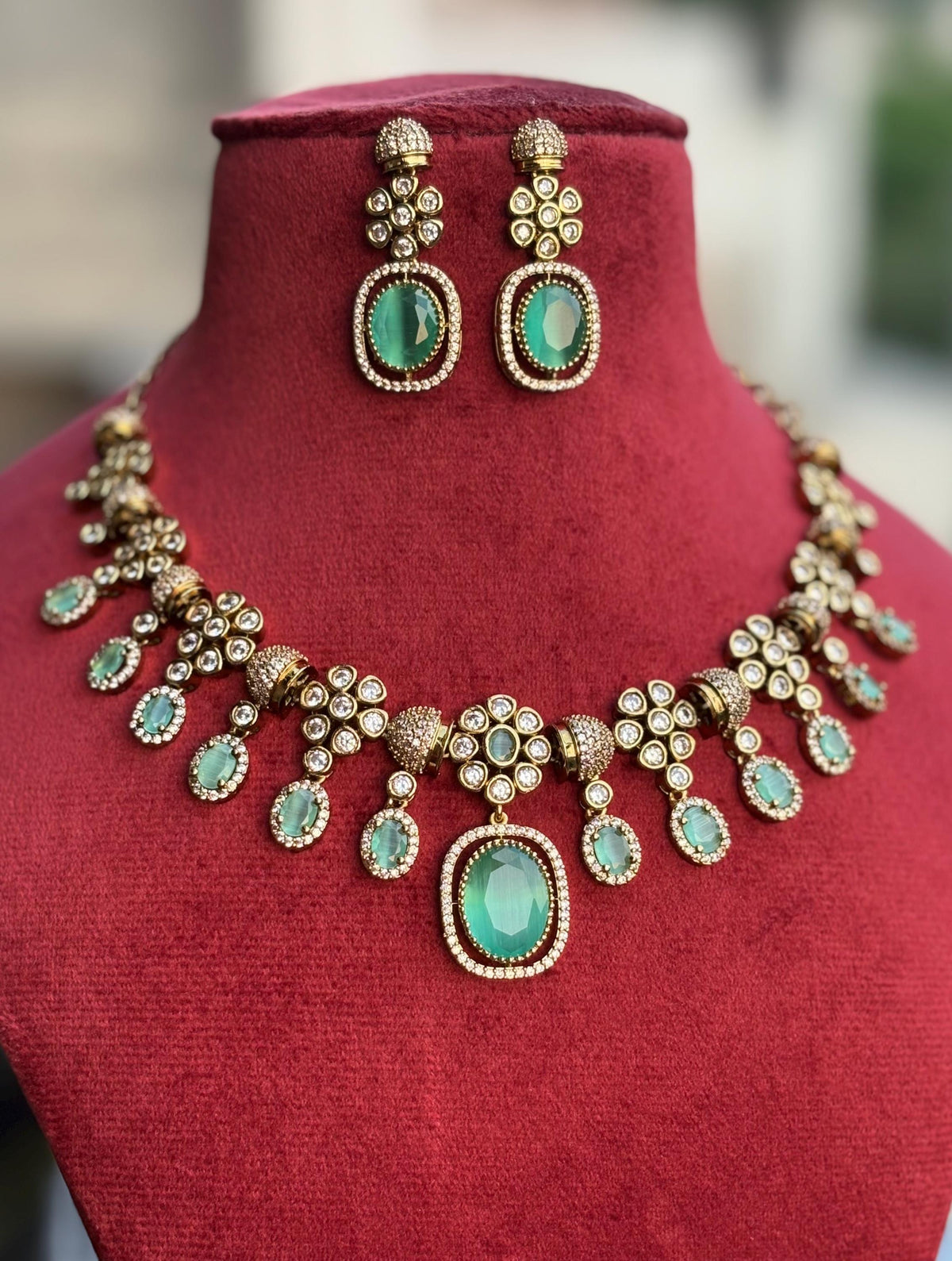 RIMAYA Sabyasachi inspired mint green colour kundan and zircon sleek necklace set in  mehndi golden polish,Indian victorian style jewelry