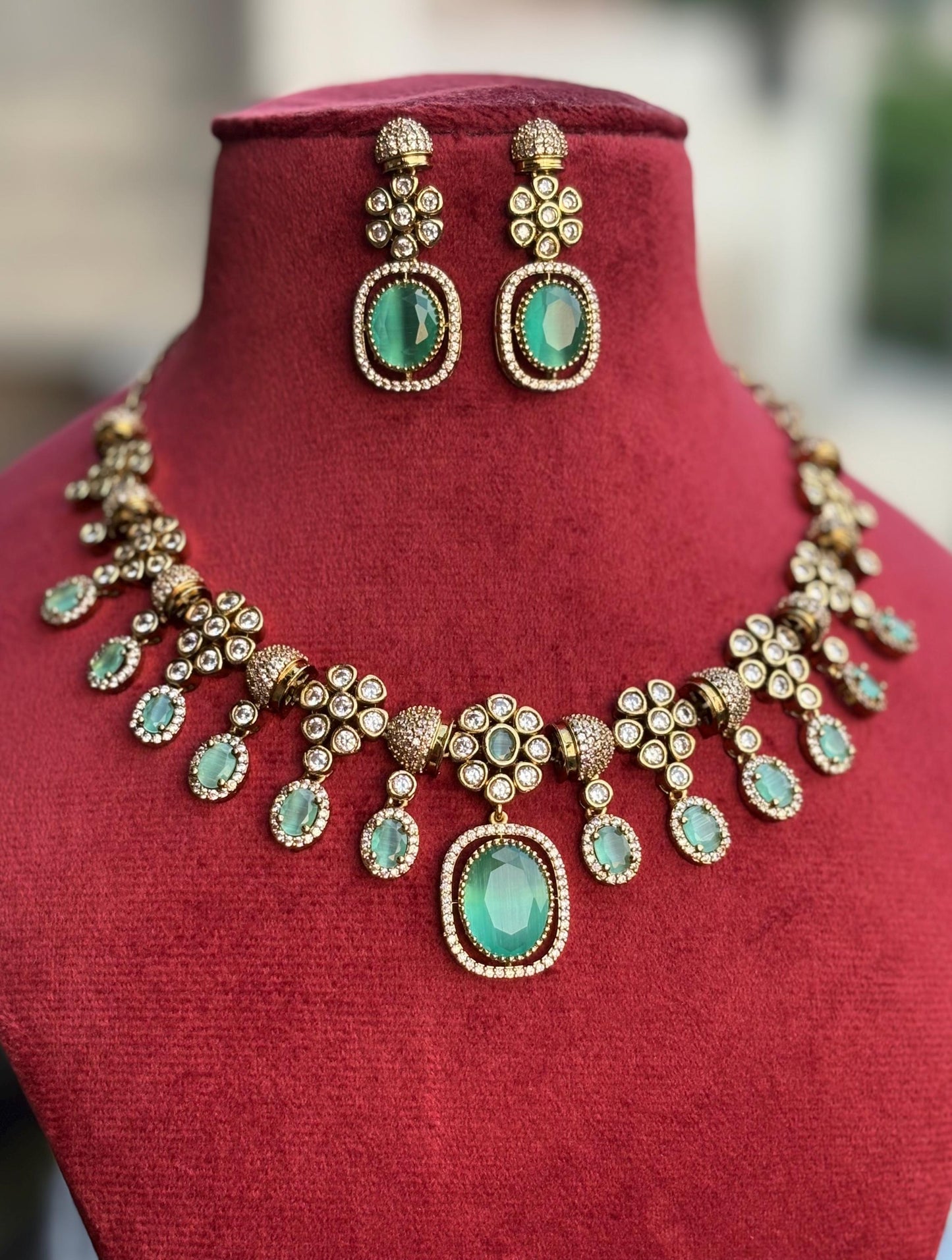 RIMAYA Sabyasachi inspired mint green colour kundan and zircon sleek necklace set in  mehndi golden polish,Indian victorian style jewelry
