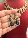 RIMAYA Sabyasachi inspired sapphire blue kundan and zircon sleek necklace set in mehndi golden polish,Indian victorian style jewelry