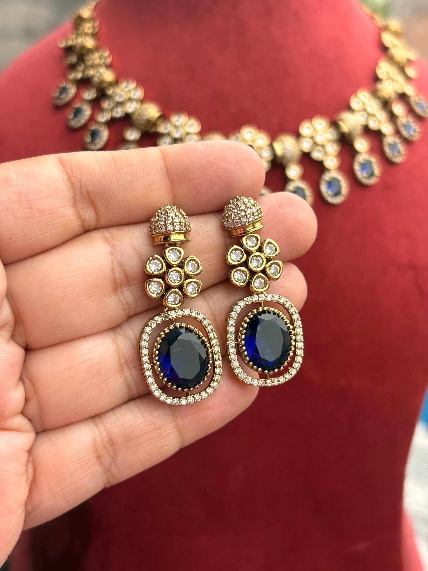 RIMAYA Sabyasachi inspired sapphire blue kundan and zircon sleek necklace set in mehndi golden polish,Indian victorian style jewelry